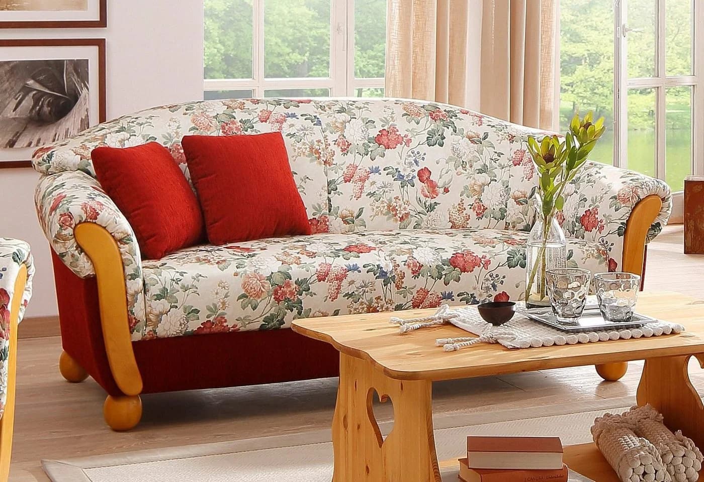 Home Affaire Milano 2-Sitzer Sofa Rot Chenille Blumenmuster - Bild 2