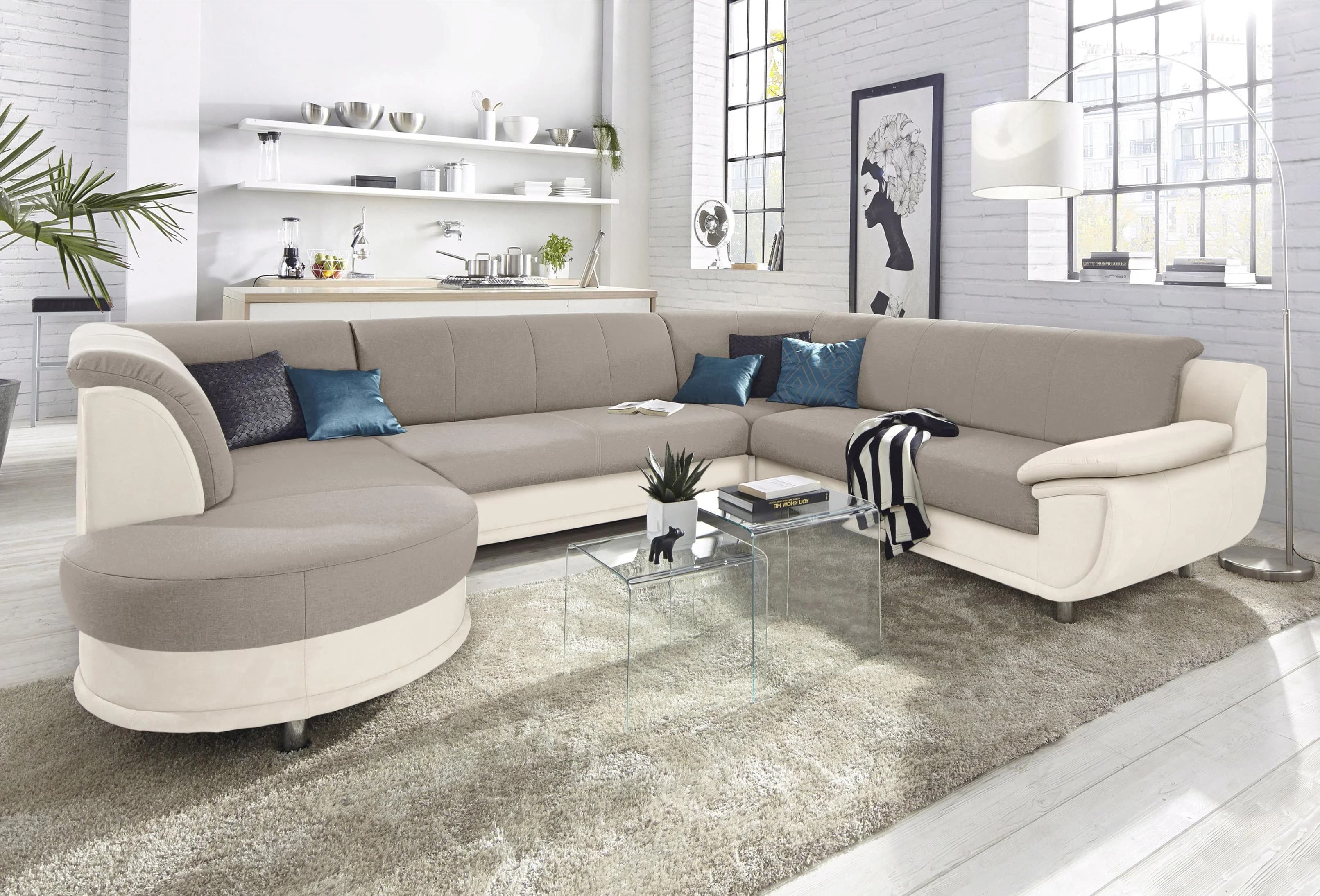 Wohnlandschaft TRENDMANUFAKTUR Rondo 3 U-Form Beige/Tan