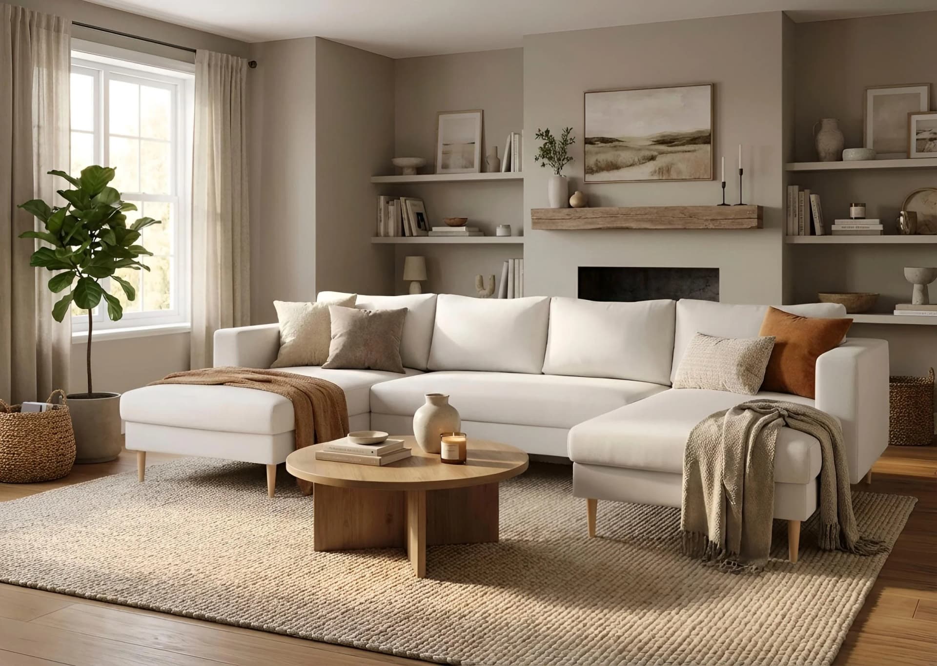 Wohnlandschaft in sandgrau, U-Form, Cord und Buche