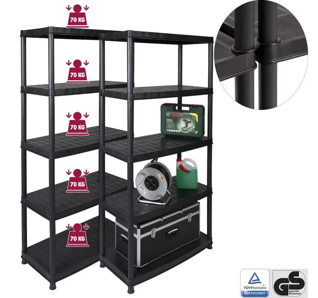 Kreher Schwerlastregal Set 2x Schwarz Kunststoff 5 Böden