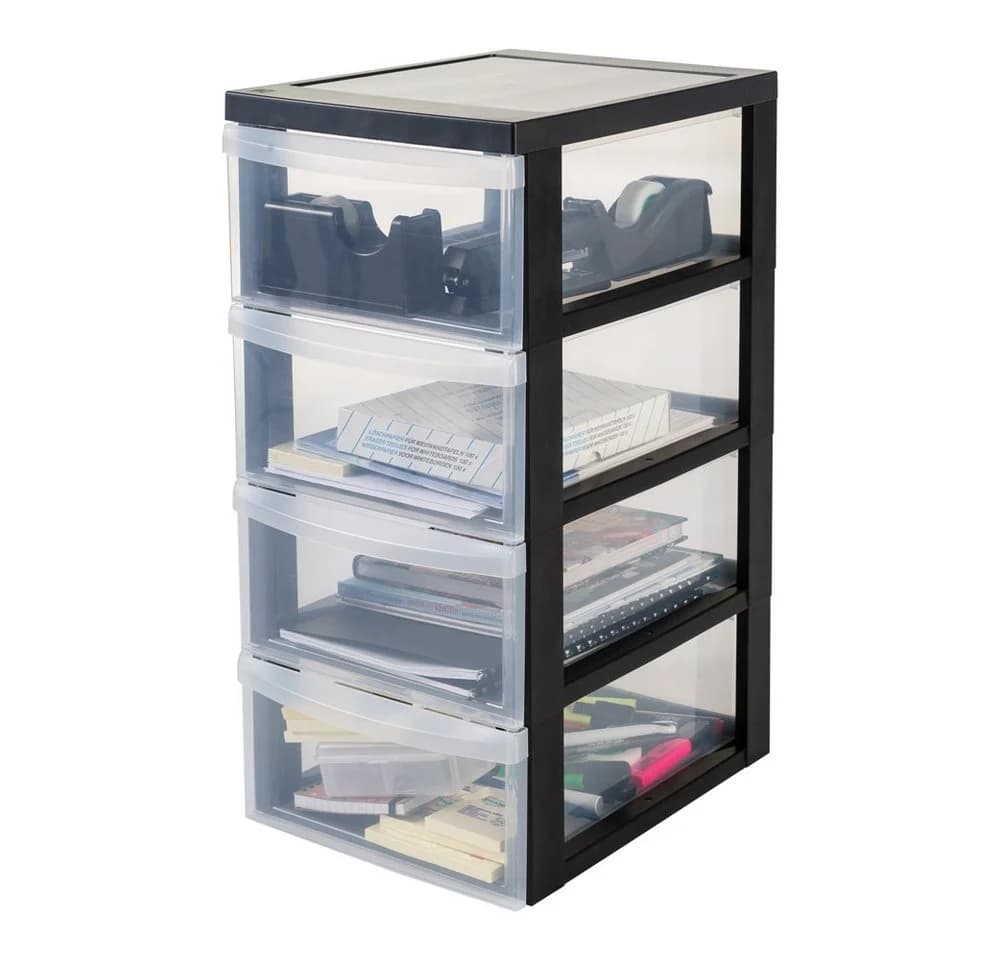 Kreher Rollcontainer Rollwagen mit 4 großen Schubladenelementen Schwarz/Transparent