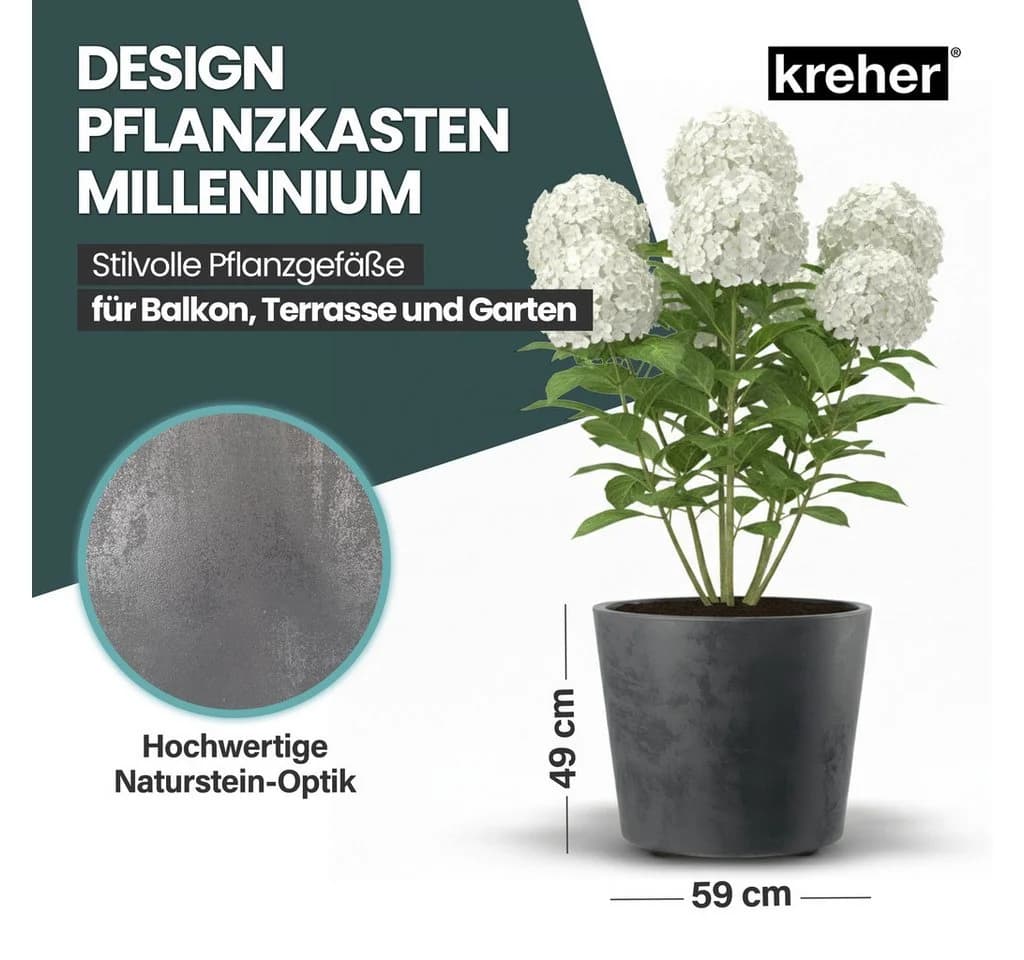 Kreher Pflanzkübel Millennium 80L Naturstein Optik Rollbar Anthrazit