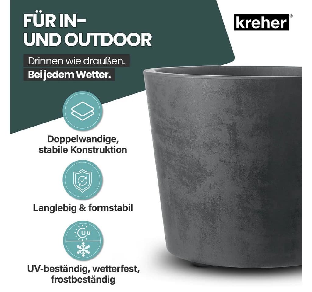 Kreher Pflanzkübel Millennium 80L Naturstein Optik Rollbar Anthrazit - Bild 4