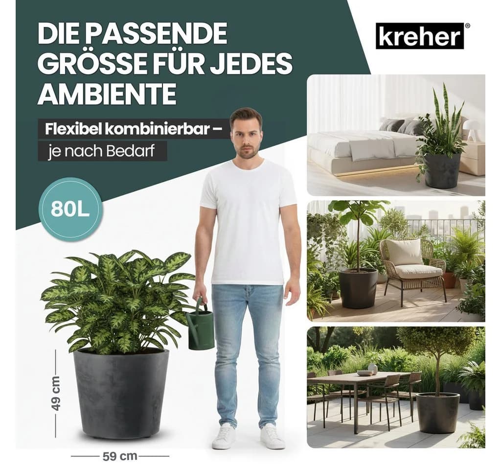 Kreher Pflanzkübel Millennium 80L Naturstein Optik Rollbar Anthrazit - Bild 5