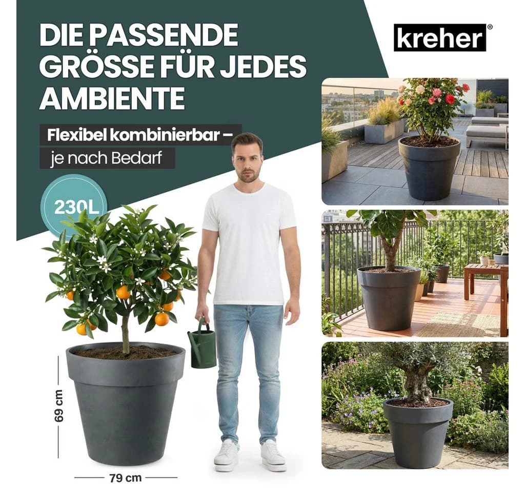 Kreher Pflanzkübel Set 'LIKE' XXL + XL - Anthrazit - Rollbar