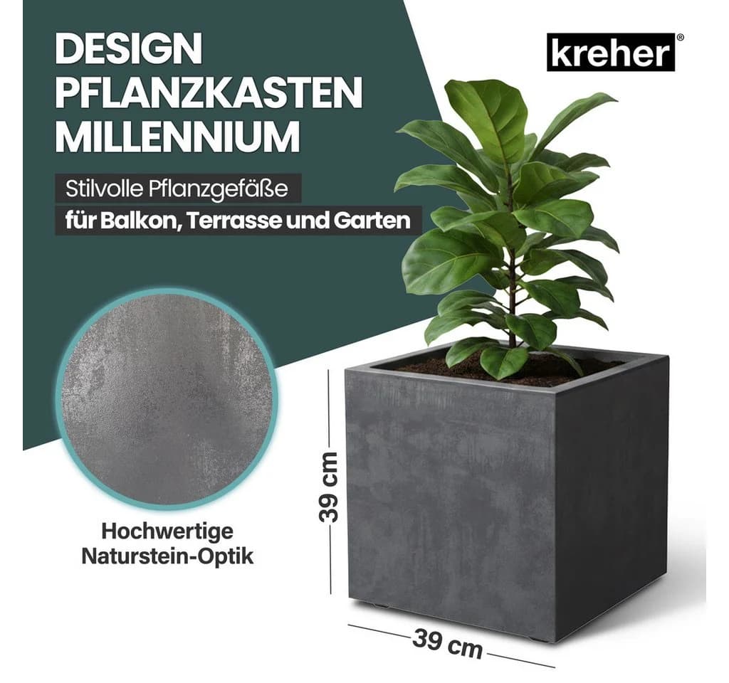 Kreher Pflanzkübel Millennium 40L 2er-Set Naturstein-Optik Anthrazit