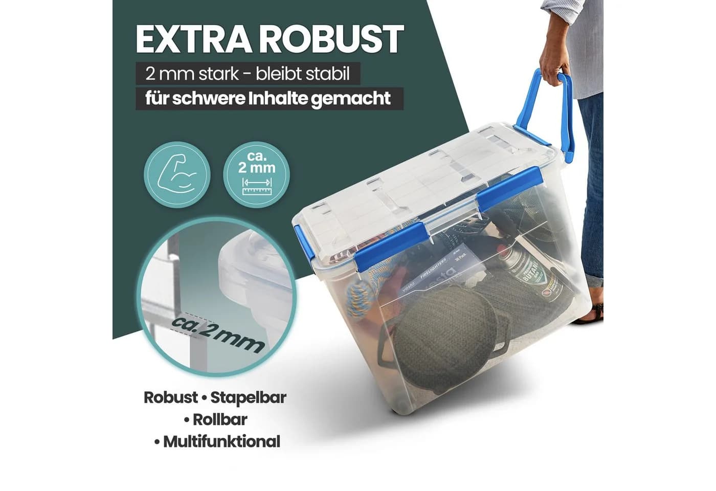 Kreher Aufbewahrungsbox 100L Transparent Blau IP67 Rollbar - Bild 4