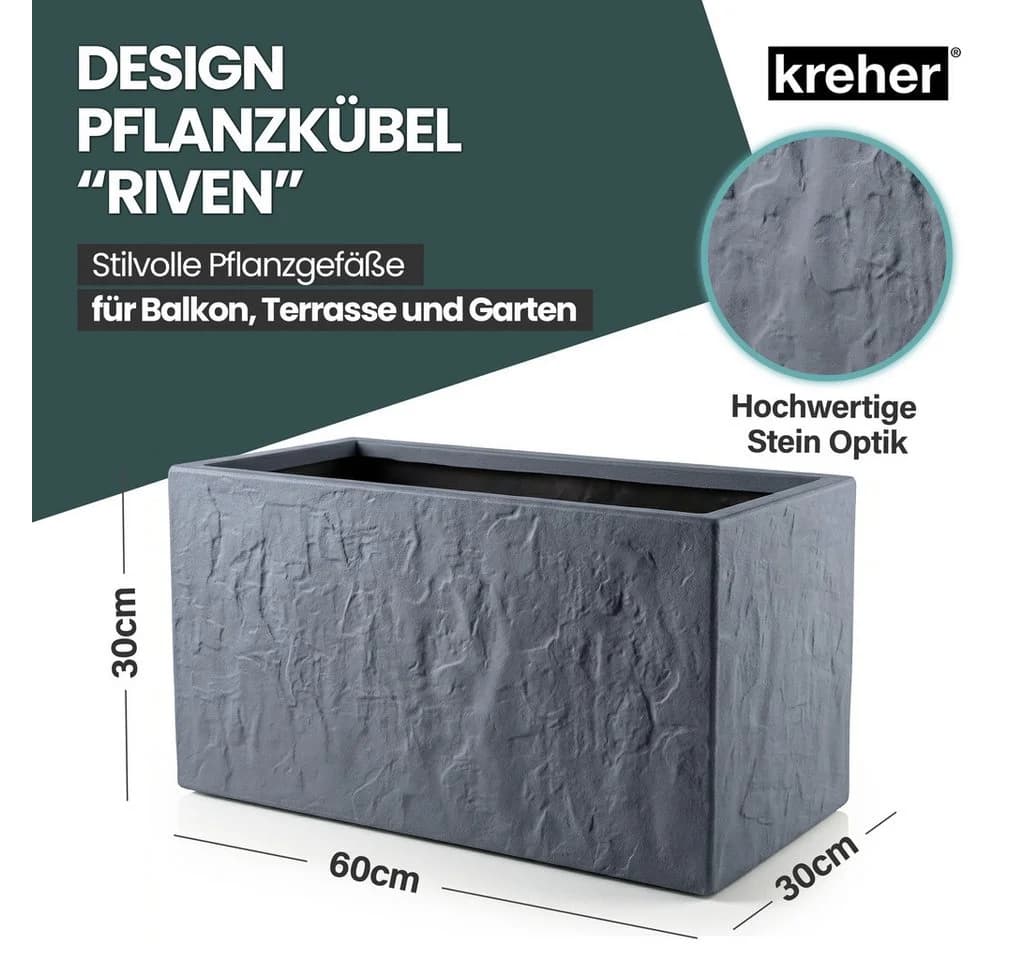 Kreher Blumenkasten Riven Kunststoff Stein Optik Anthrazit