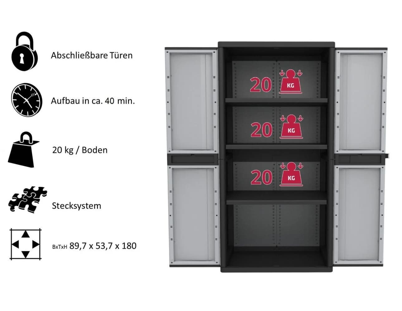 Kreher Jumbo XXL Kunststoffschrank mit 3 Böden Schwarz/Grau - Bild 3