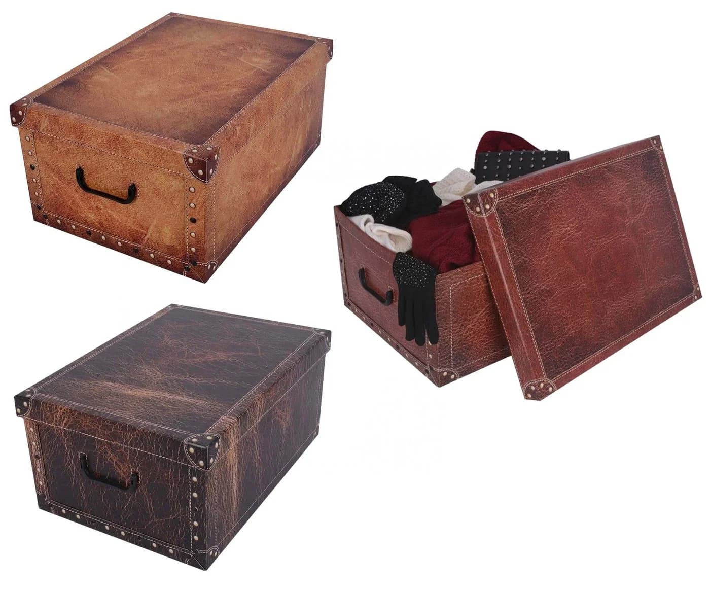 Kreher Aufbewahrungsbox 3 x Dekokarton Lederoptik Hellbraun, Dunkelbraun, Rotbraun - Bild 2