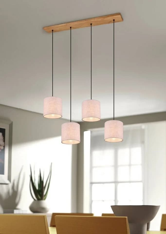 Moderne Pendelleuchte aus Holz, Stoff und Metall