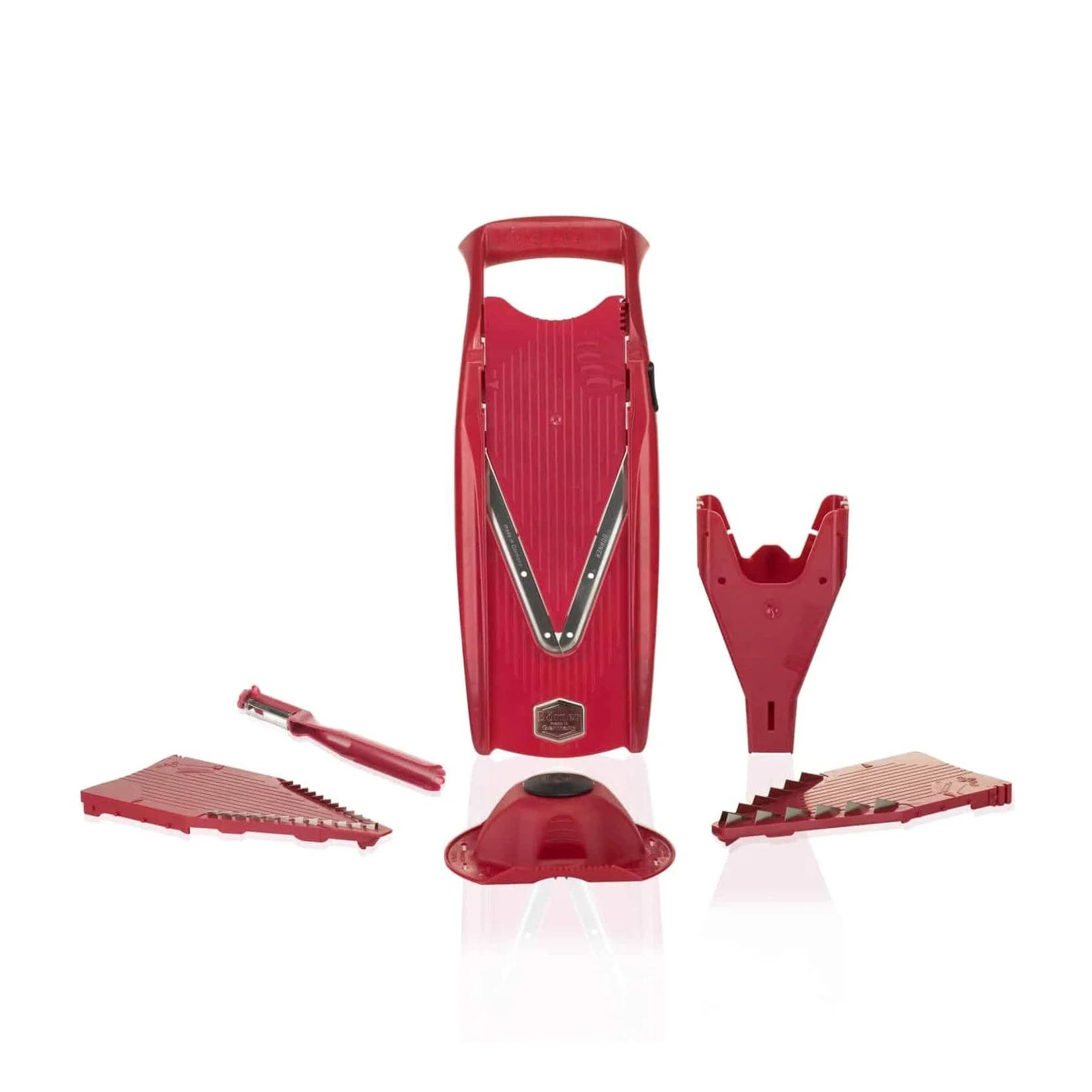 Börner V5 PowerLine Plus Set Gemüsehobel Obst- & Gemüseschneider mit Fruchthalter, Scheibeneinschub, Sparschäler, 10 Schnittarten, 6 tlg. Set, Rot