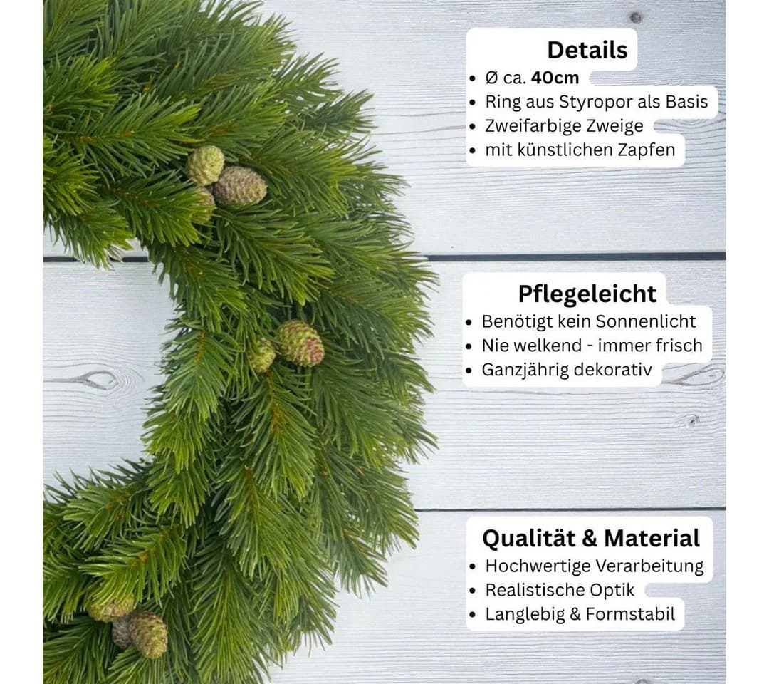 Künstlicher Tannenkranz mit Zapfen Ø 40cm. Adventskranz Winterdeko, Floratexx GmbH