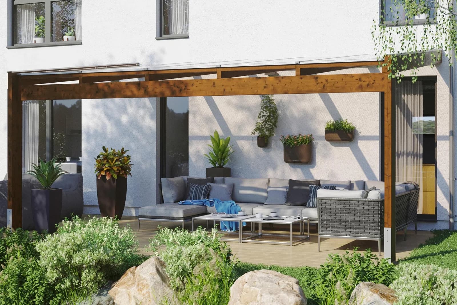 Terrassendach SKANHOLZ Novara Braun Nussbaum Fichtenholz Polycarbonat