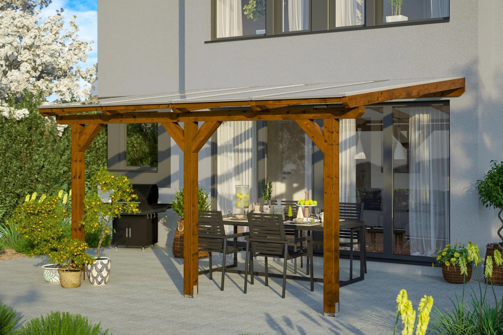 SKANHOLZ Terrassenüberdachung Bormio Braun Polycarbonat 434x250 cm
