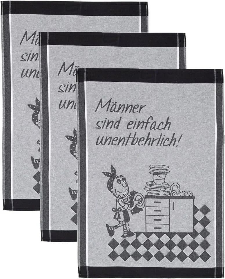 ROSS Geschirrtuch 3er-Set Schwarz Grau Sprüche 100% Baumwolle - Bild 2