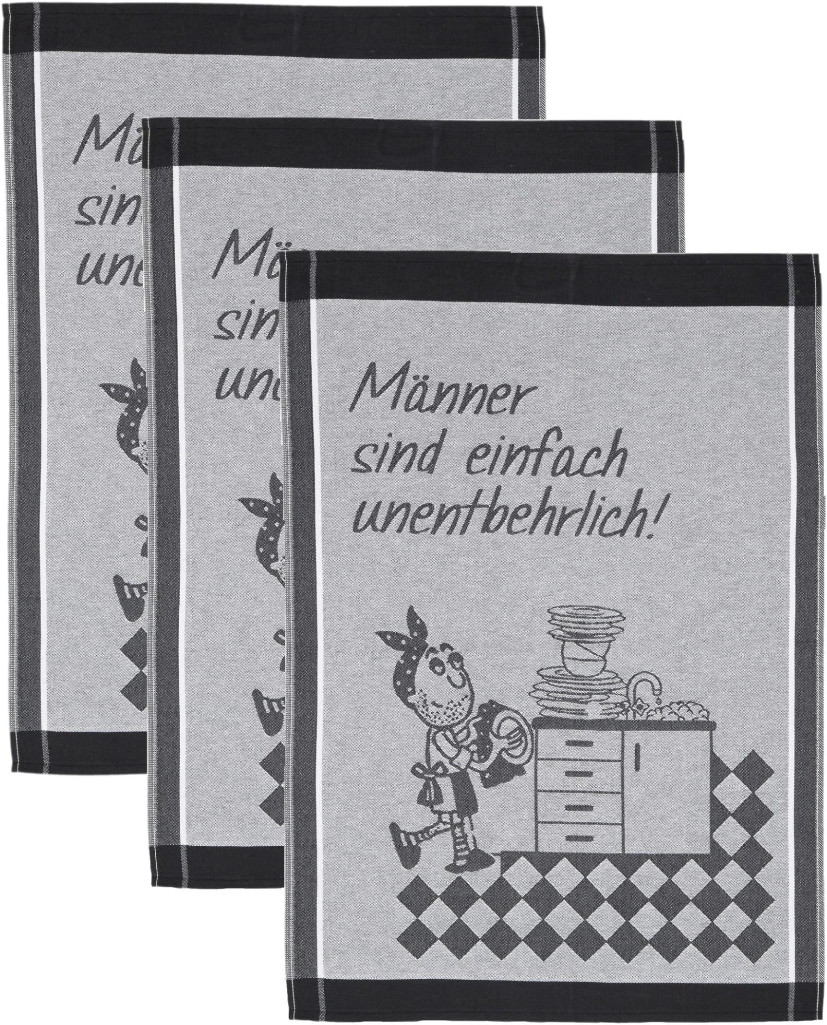 ROSS Geschirrtuch 3er-Set Schwarz Grau Sprüche 100% Baumwolle - Bild 4