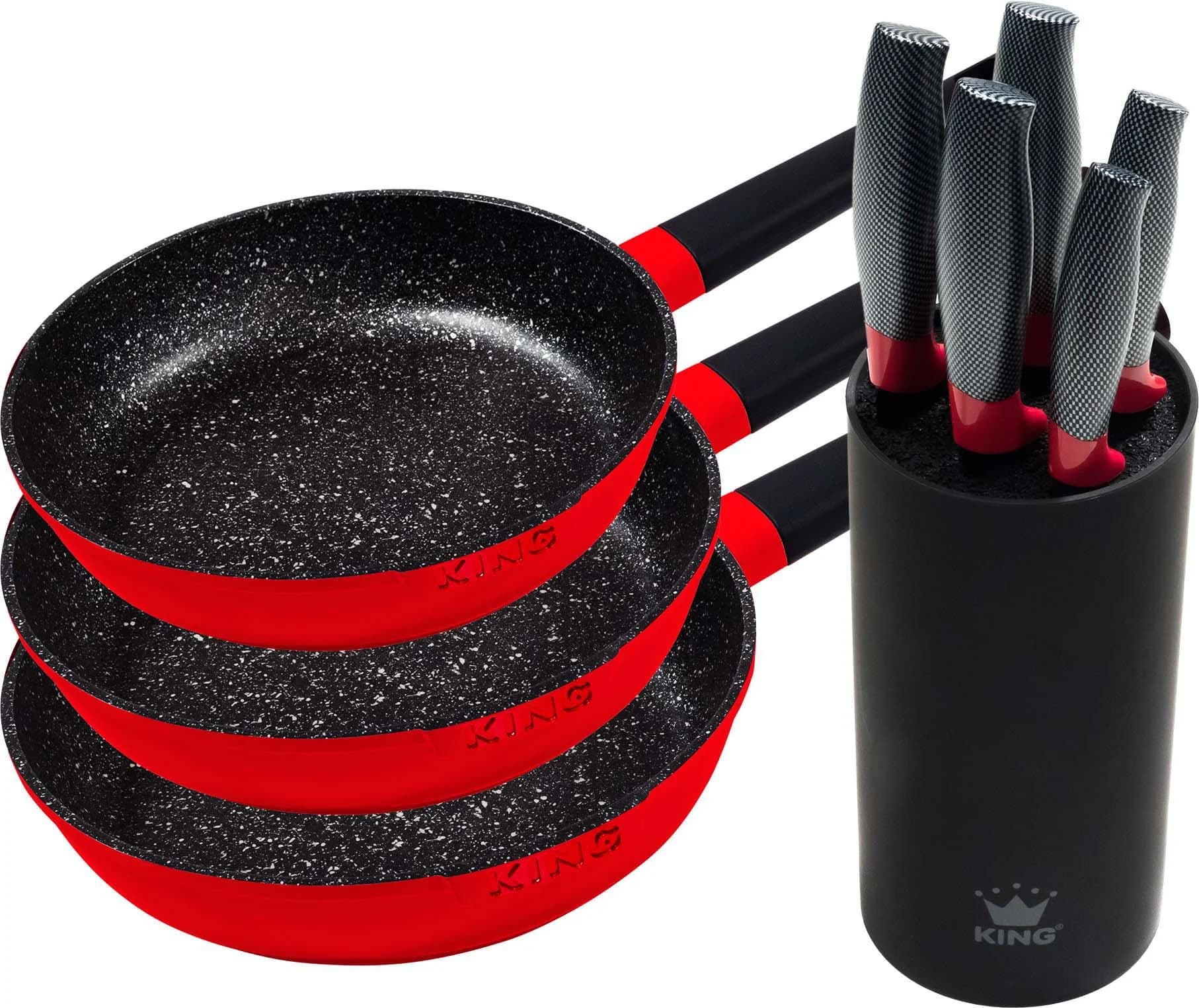 Pfannen-Set KING "Shine Red" Rot 28cm Induktion mit 6-teiligem Messerblock