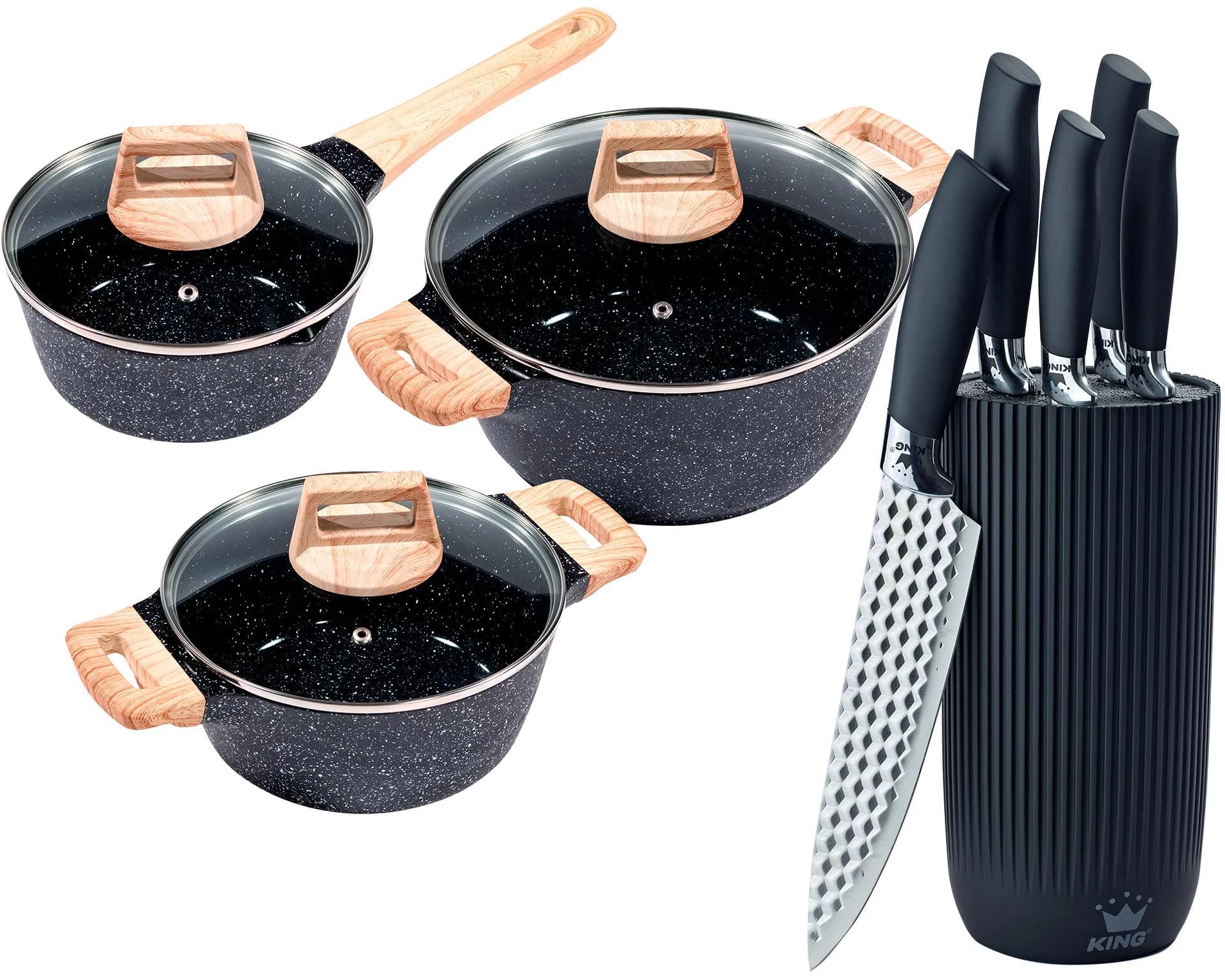 KING Kochtopfset Essential Aluminiumguss Antihaftbeschichtung Schwarz 7,5 l 3 Töpfe 5 Küchenmesser Messerblock