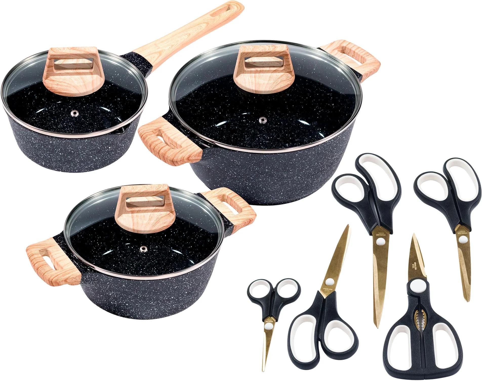 KING Kochtopfset Essential Aluminiumguss Antihaftbeschichtung Schwarz 7,5 l inkl. 5 Scheren