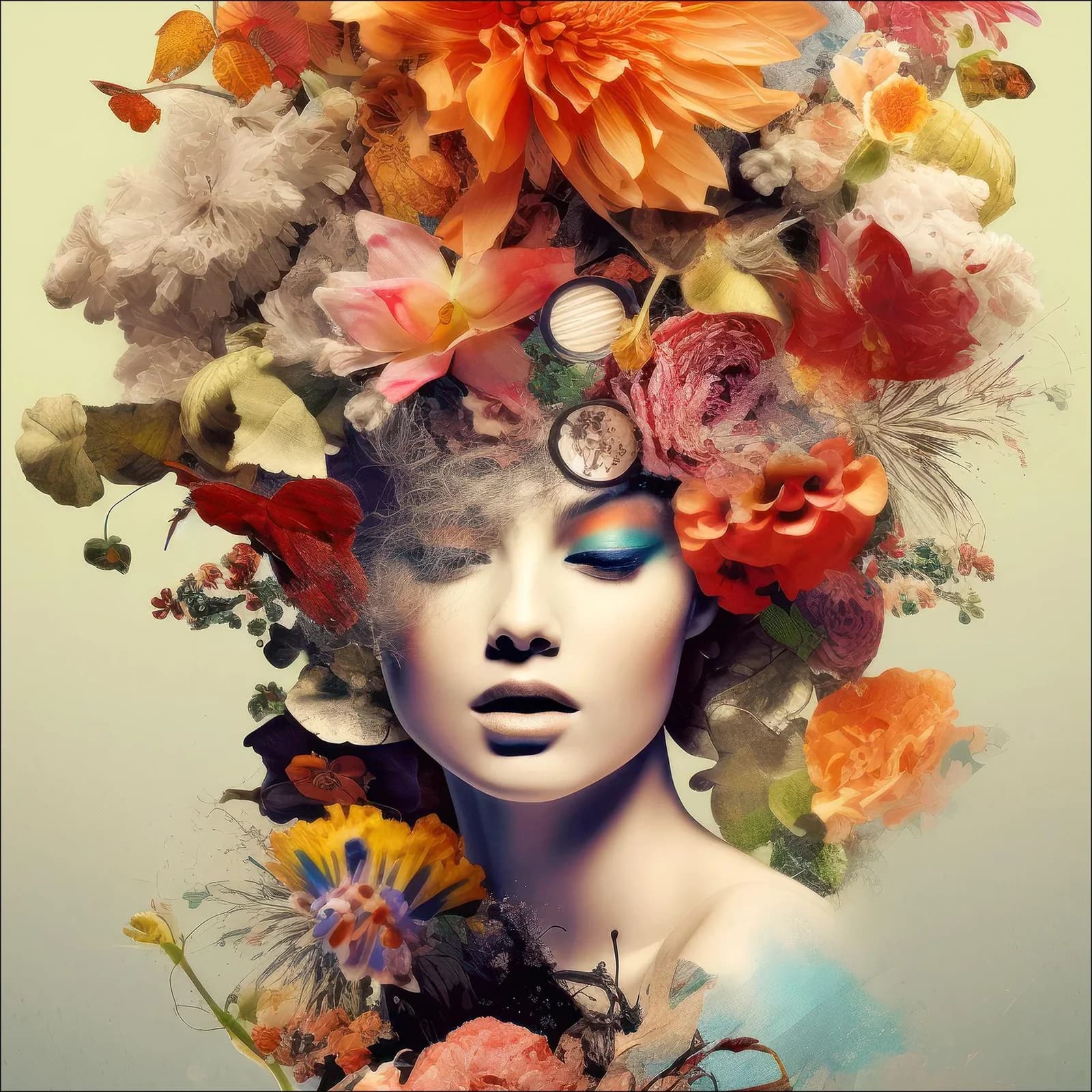 Glasbild FLOWERS ON HER HEAD Mehrfarbig