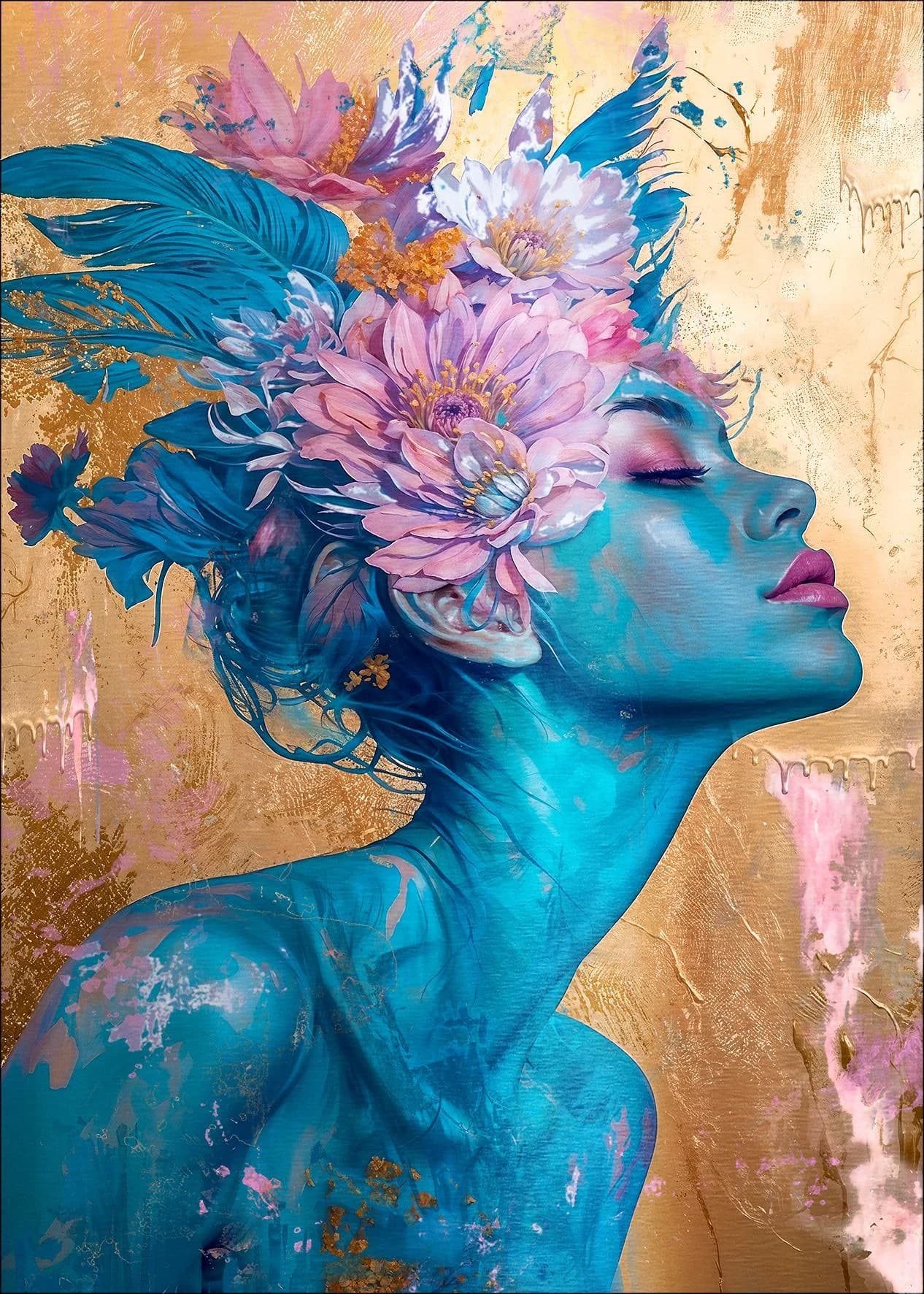 Aludibondbild FLOWERS ON BLUE FACE I Mehrfarbig Metall