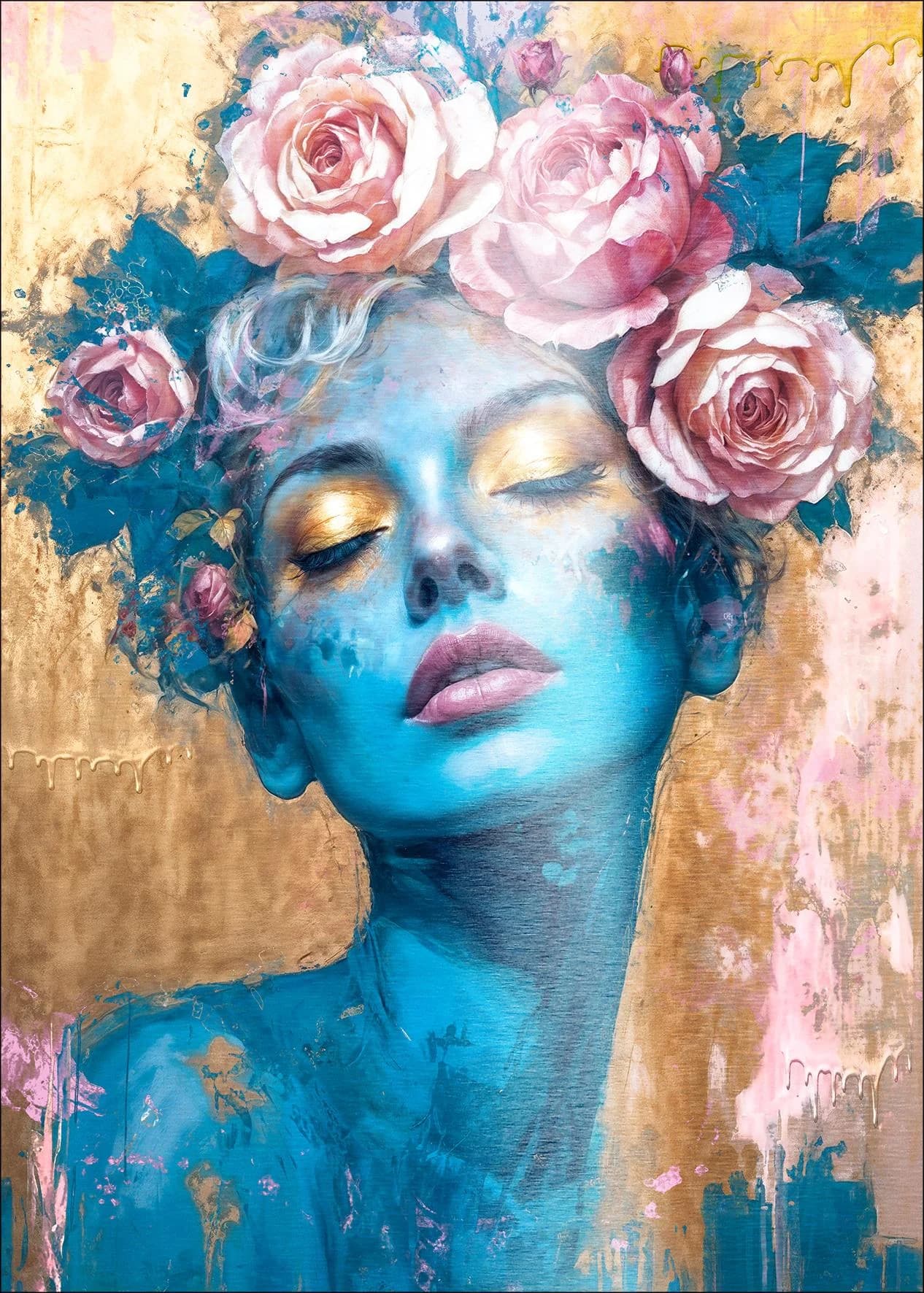 Aludibondbild FLOWERS ON BLUE FACE II Mehrfarbig Metall