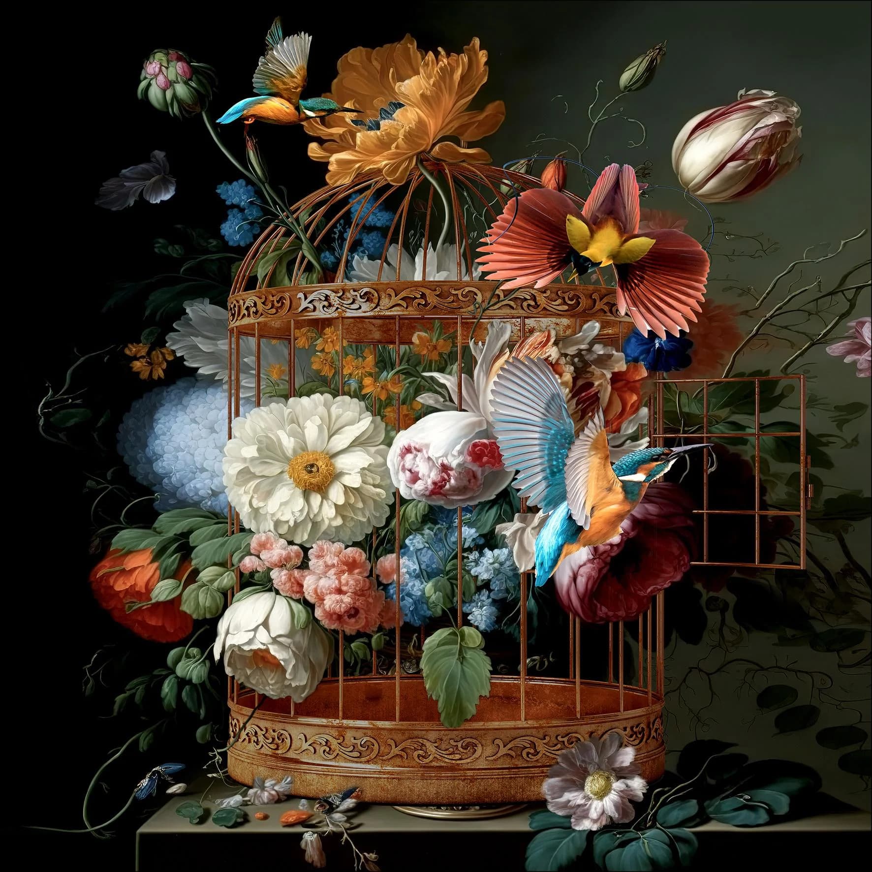 Glasbild BIRDS AND FLOWERS Mehrfarbig