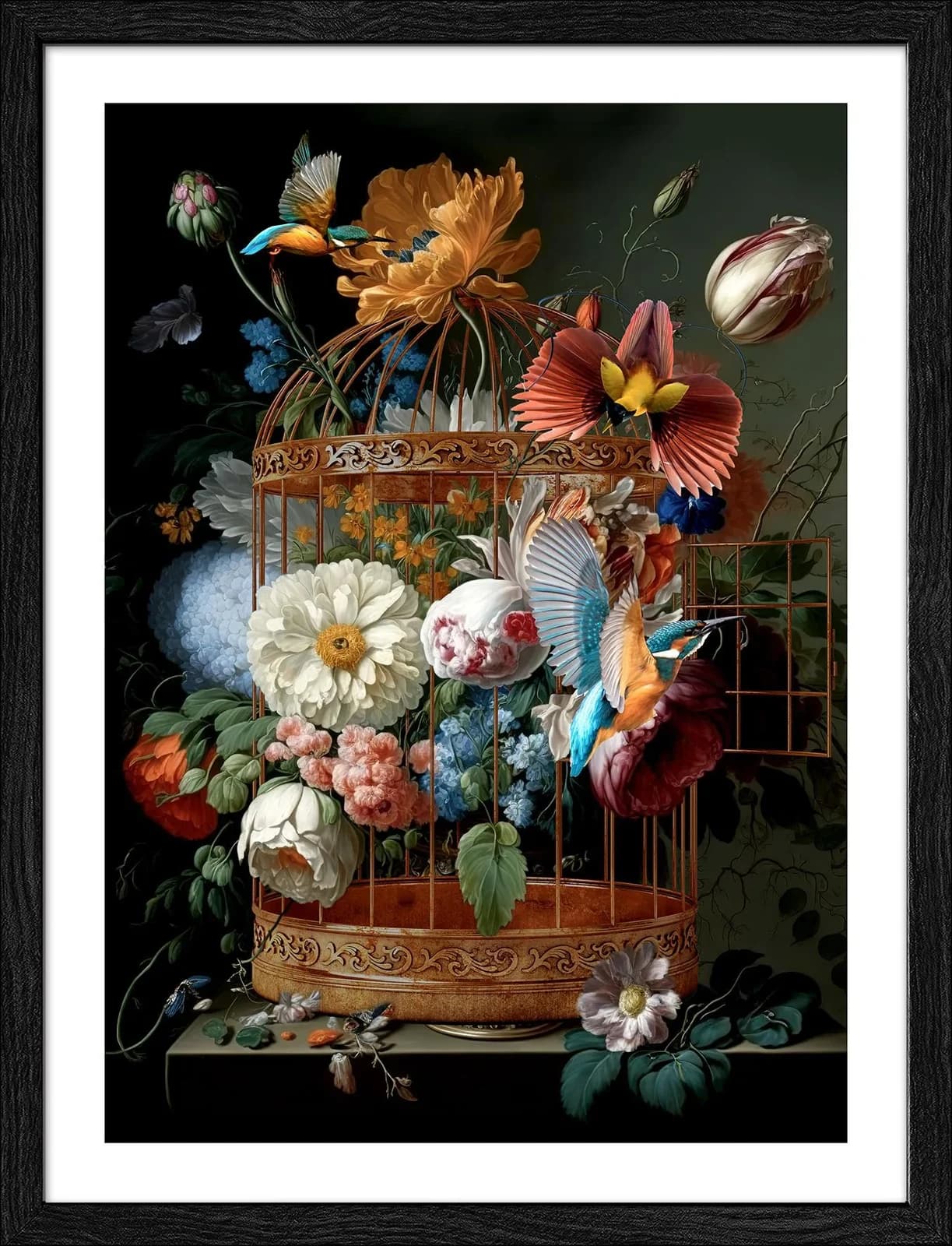 Gerahmtes Bild Vögel und Blumen Kunstdruck hinter Glas