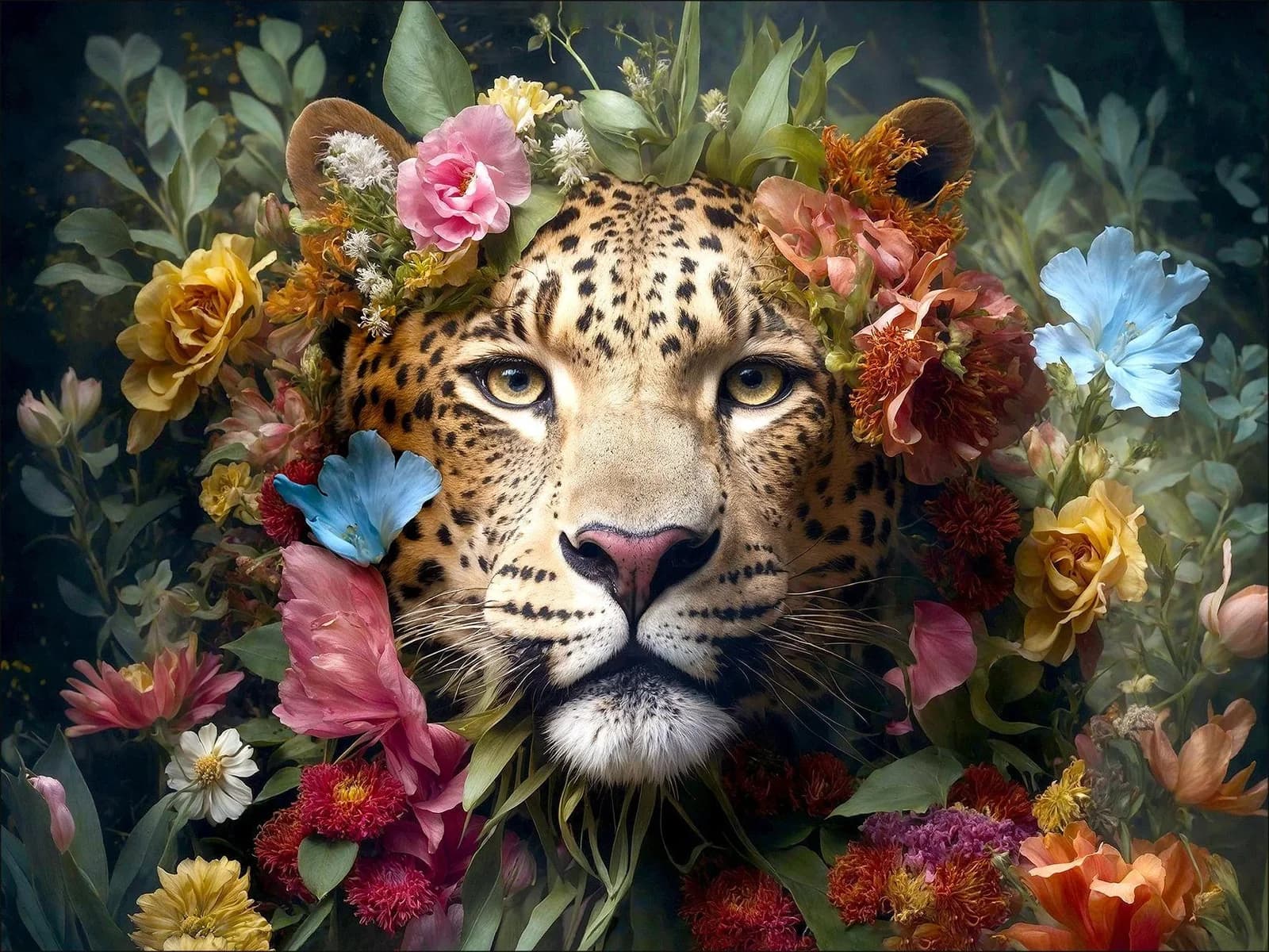 Glasbild JAGUAR WITH FLOWERS Mehrfarbig