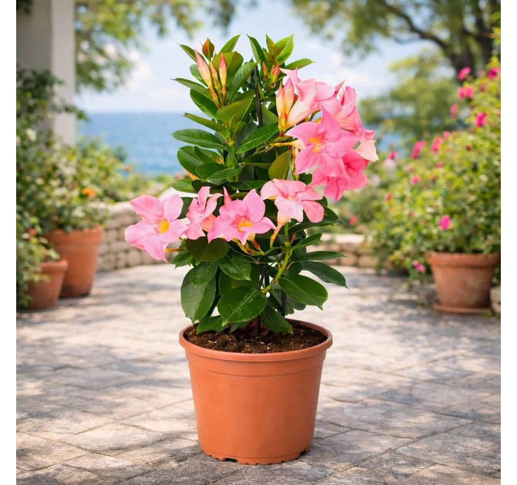 Exotenherz Mandevilla Dipladenia Trichterblüte rosa 14cm Topf - Bild 3