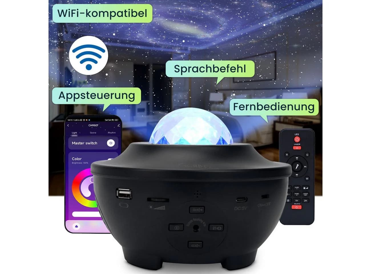Casativo LED-Sternenhimmel Projektor Schwarz mit Bluetooth & Sprachsteuerung