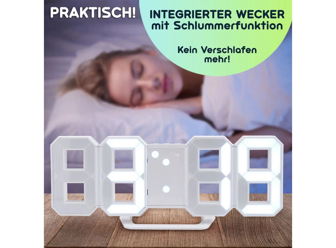Casativo Wanduhr 3D LED Digitaluhr Weiß mit Wecker & Nachtmodus - Bild 5