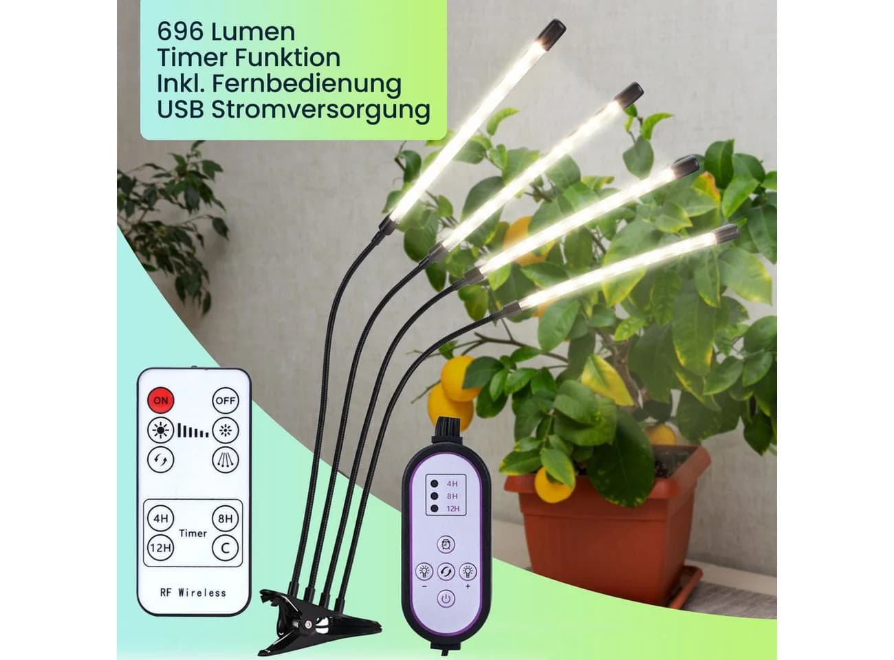 Casativo LED Pflanzenlampe 14W 4 Schwanenhälse USB dimmbar Timer - Bild 4