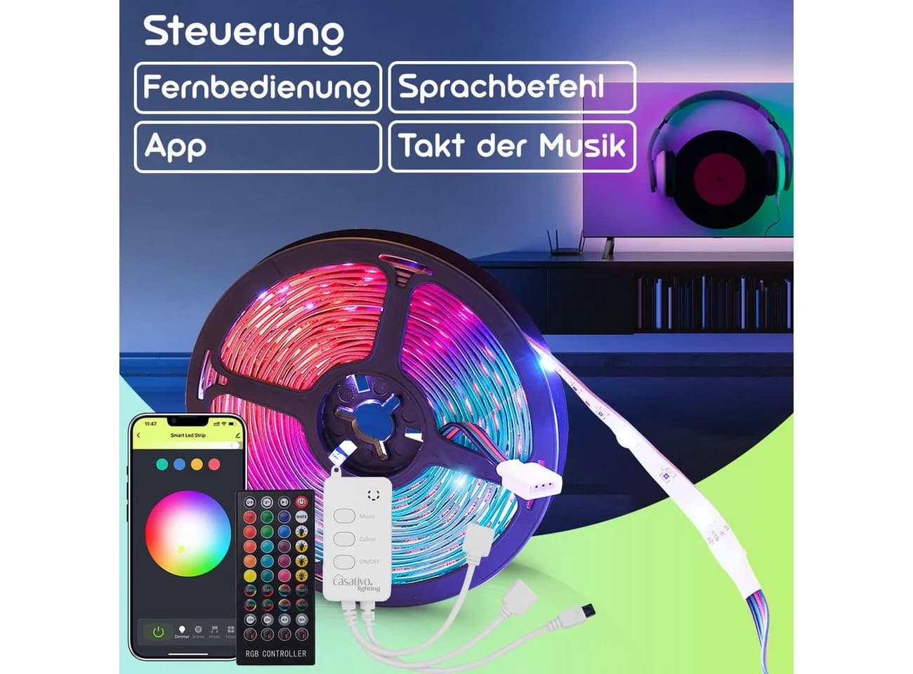 Casativo LED-Streifen 5m WLAN RGB 150 LEDs App Fernbedienung - Bild 4