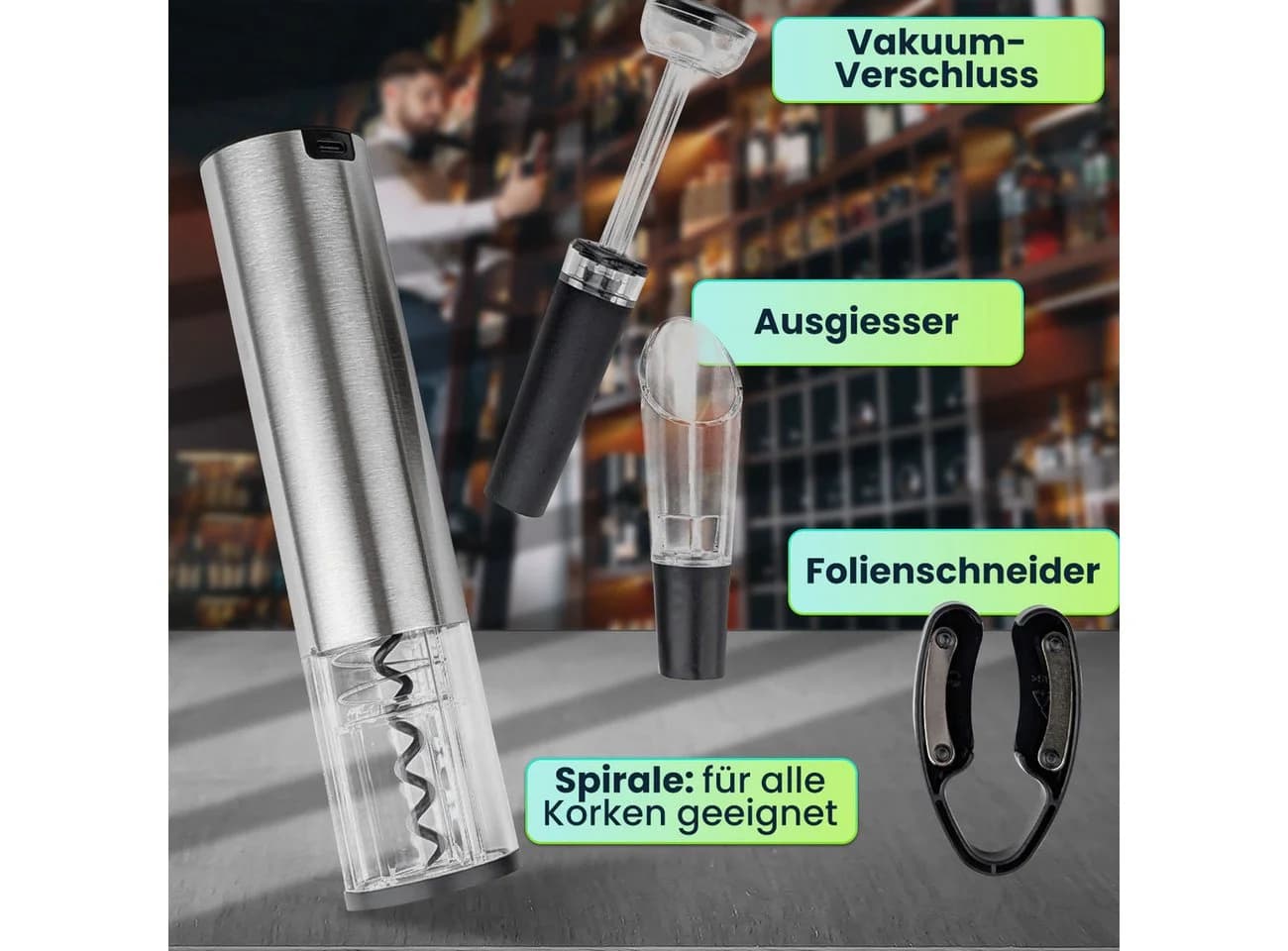 shop'n smile ideoon Elektrischer Weinflaschenöffner mit Akku & Folienschneider - Bild 3