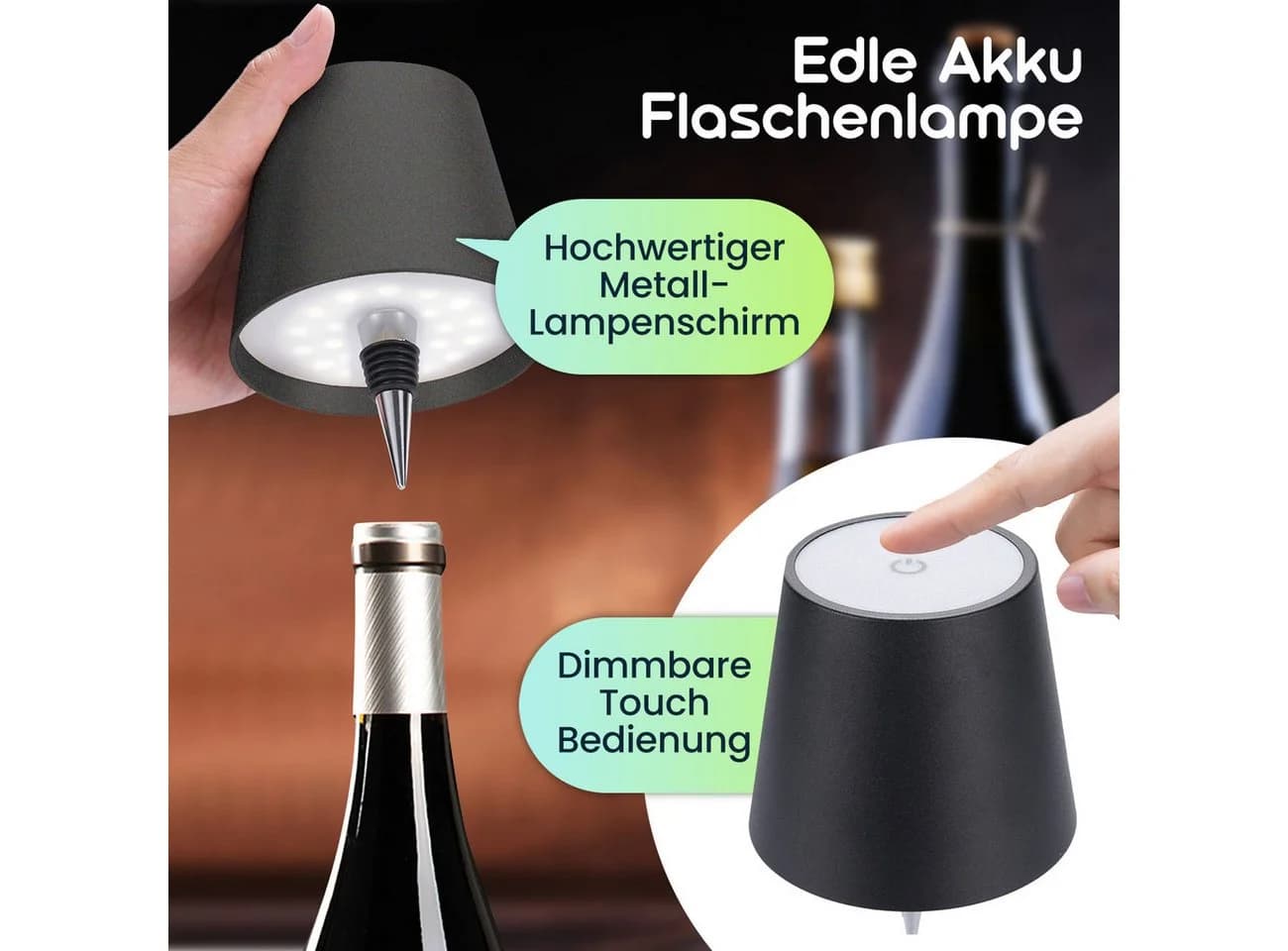 shop'n smile ideoon LED Flaschenlampe Schwarz Dimmbar 3 Lichtfarben
