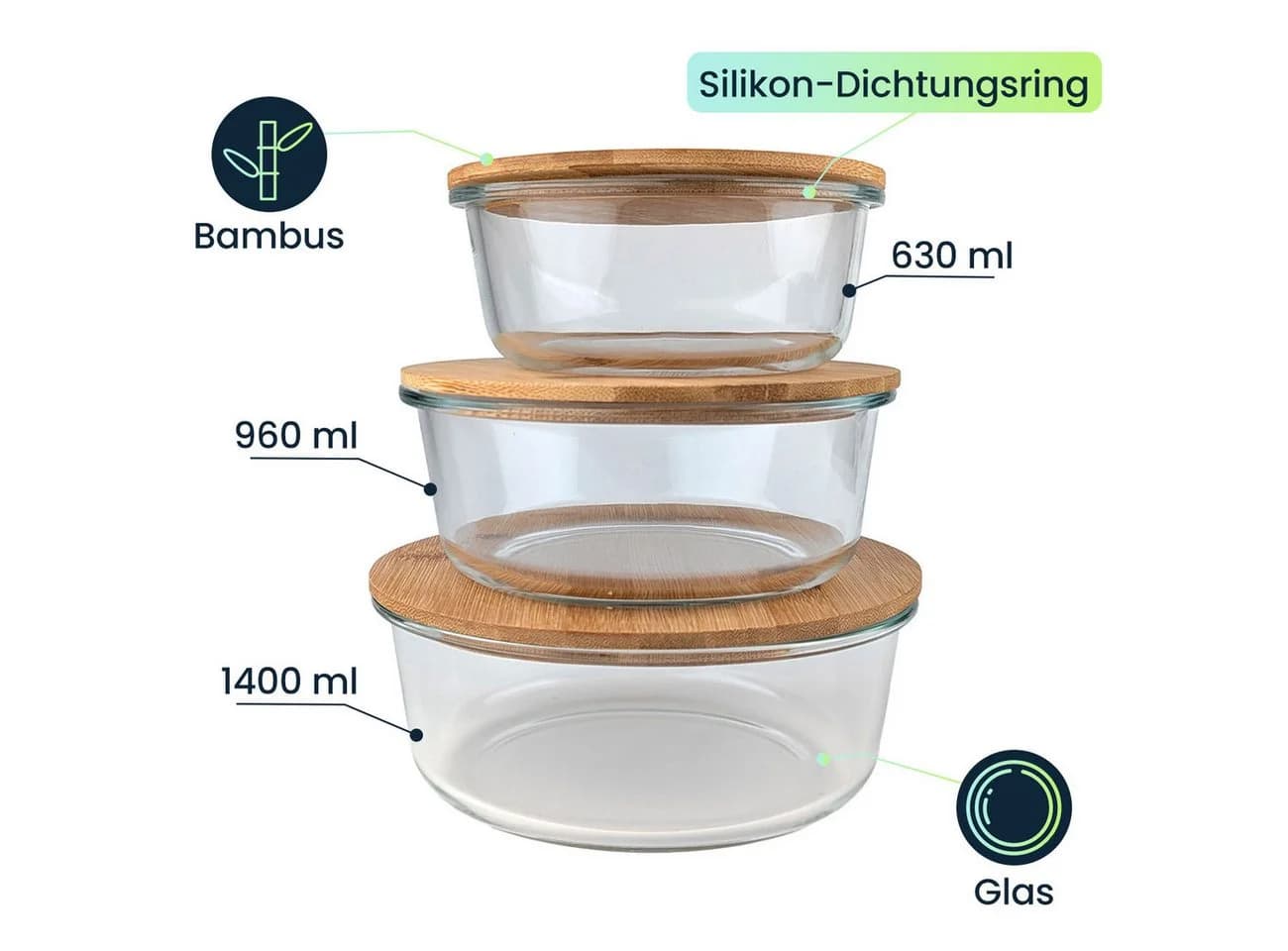 shop'n smile ideoon Vorratsdosen-Set Glas Bambus Deckel 3 Größen - Bild 3