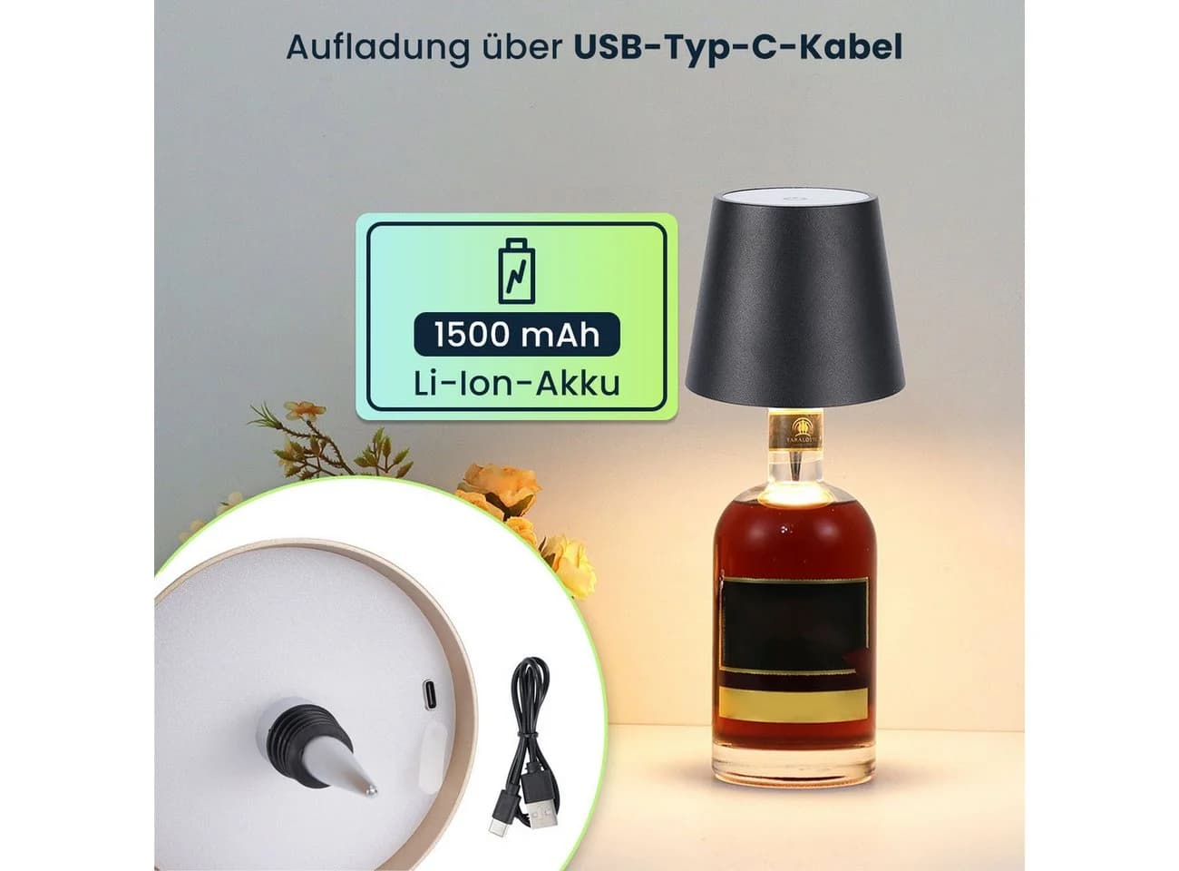 shop'n smile ideoon LED Flaschenlampe Schwarz Dimmbar 3 Lichtfarben - Bild 3
