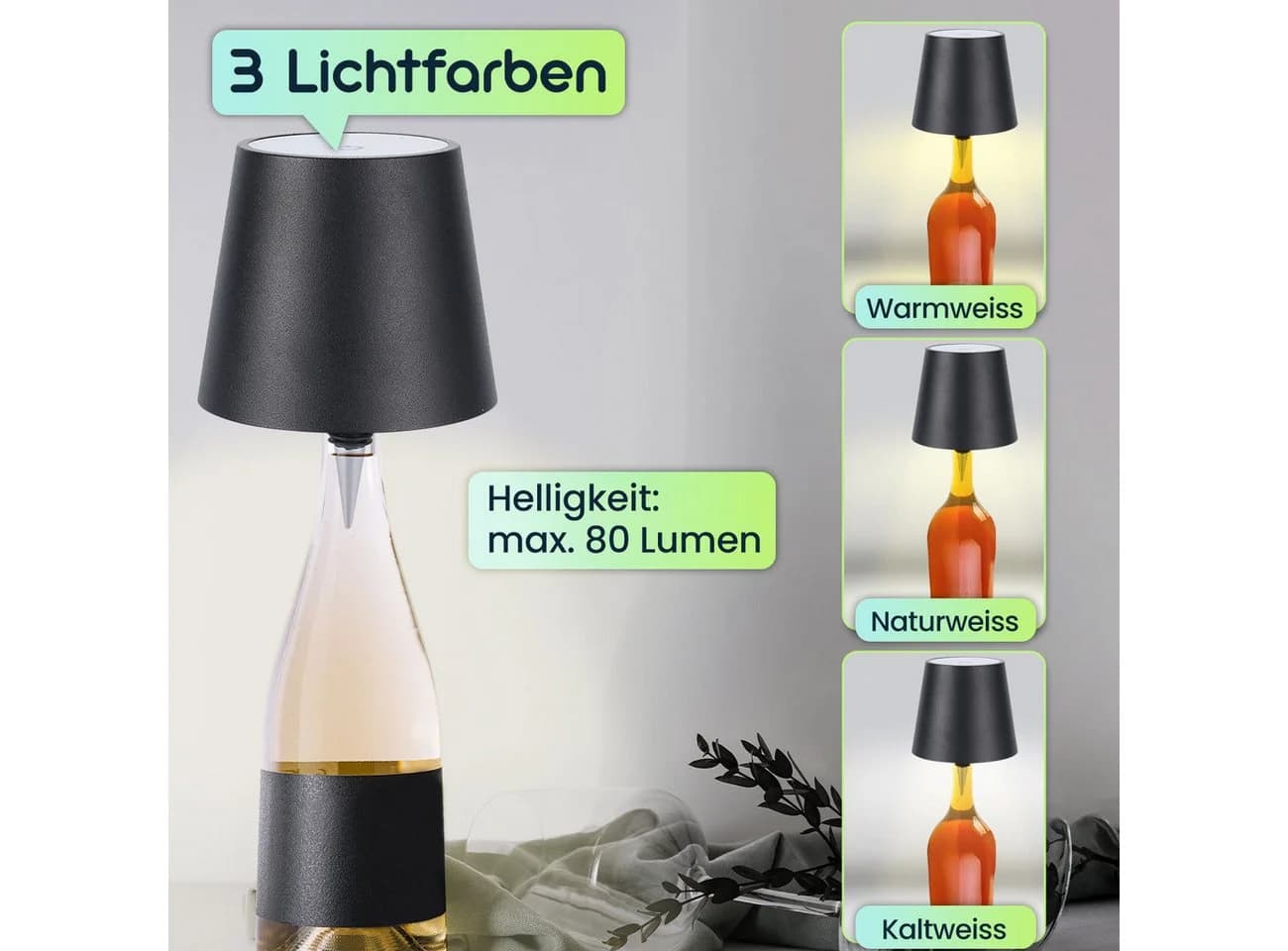 shop'n smile ideoon LED Flaschenlampe Schwarz Dimmbar 3 Lichtfarben - Bild 4