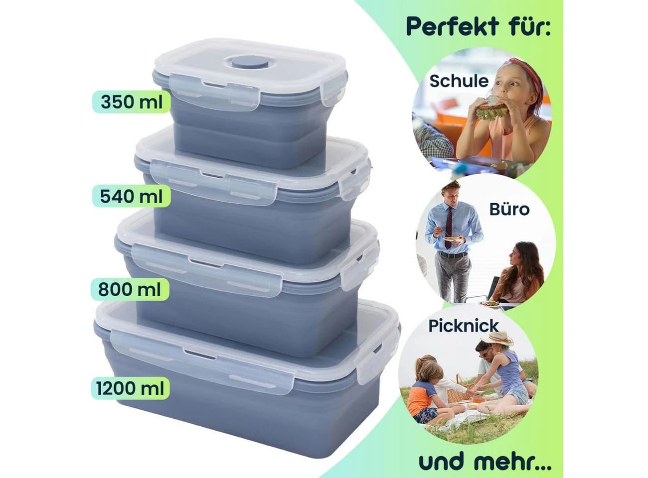 shop'n smile ideoon Faltbare Silikon-Frischhaltedosen 4er-Set mit Clipdeckel - Bild 4