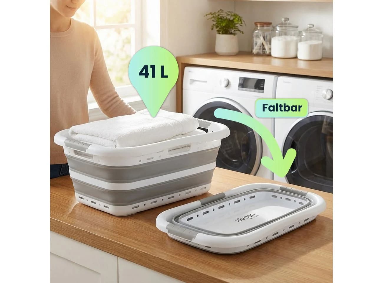 shop'n smile ideoon Faltbarer Wäschekorb 41L Grau/Weiss