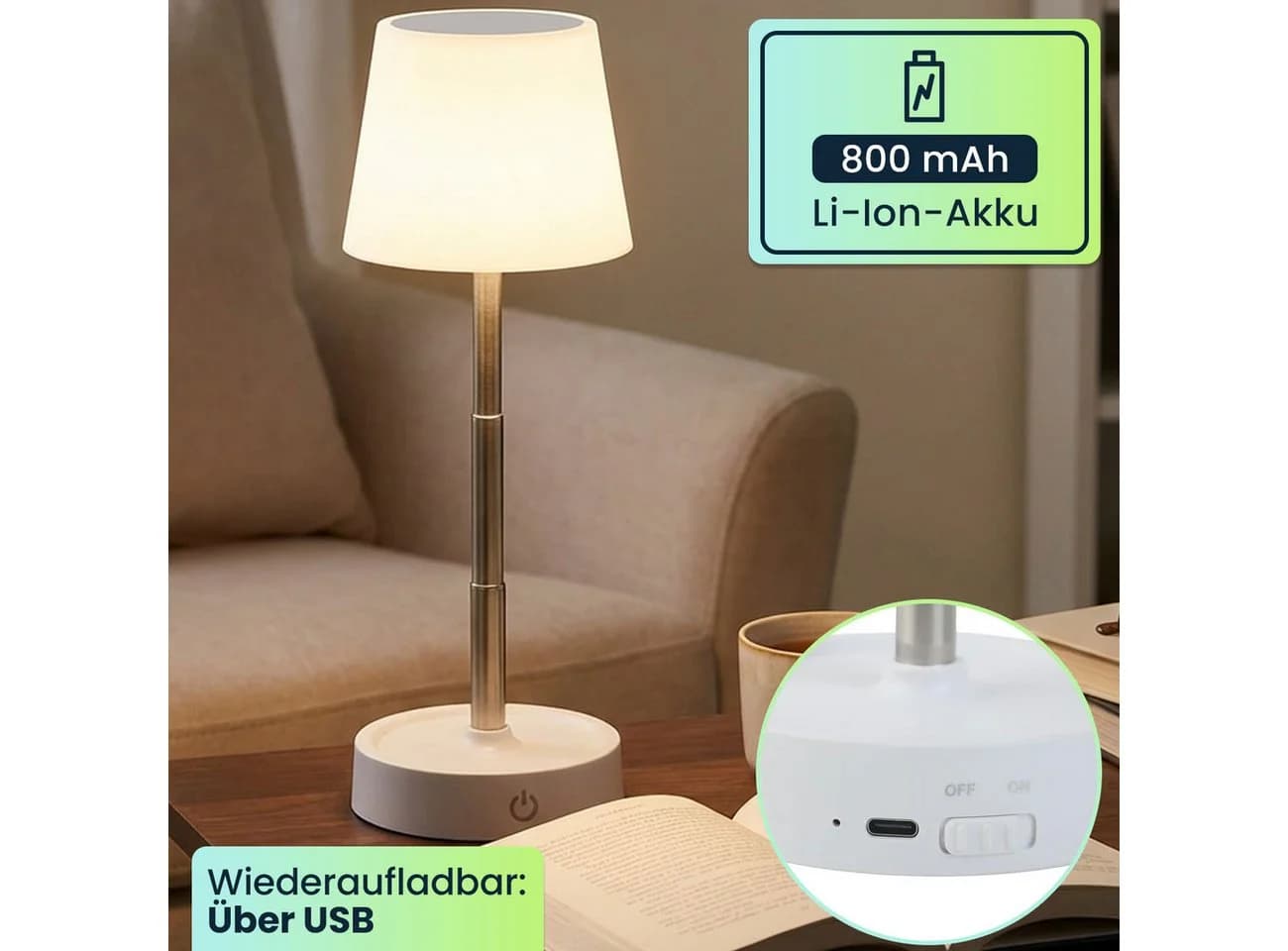 shop'n smile ideoon LED Tischleuchte Dimmbar & Akkubetrieben Edelstahl