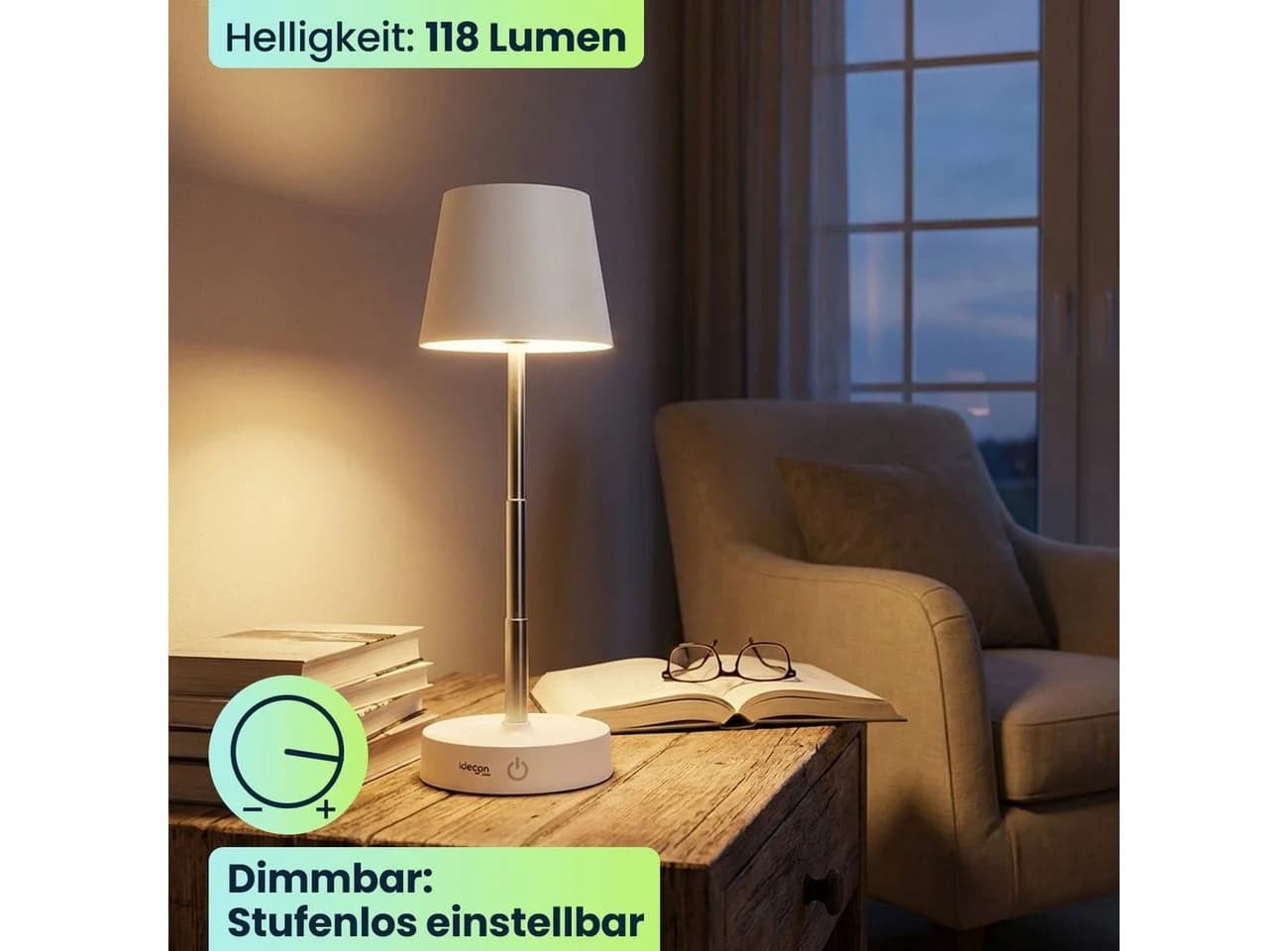 shop'n smile ideoon LED Tischleuchte Dimmbar & Akkubetrieben Edelstahl - Bild 3