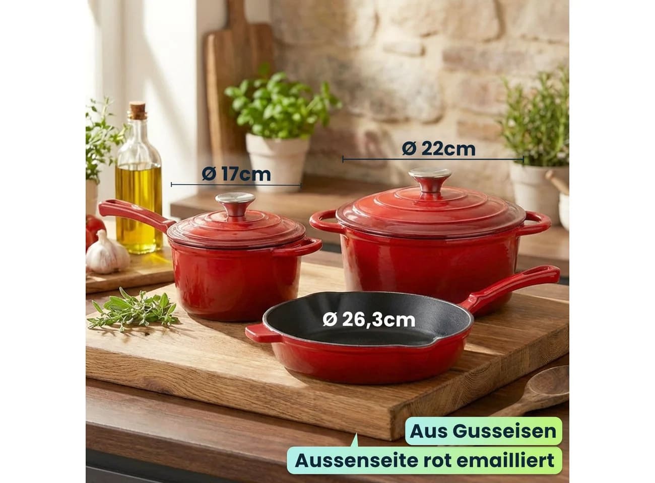 Casativo Topf-Set 3-tlg. Rot Gusseisen emailliert