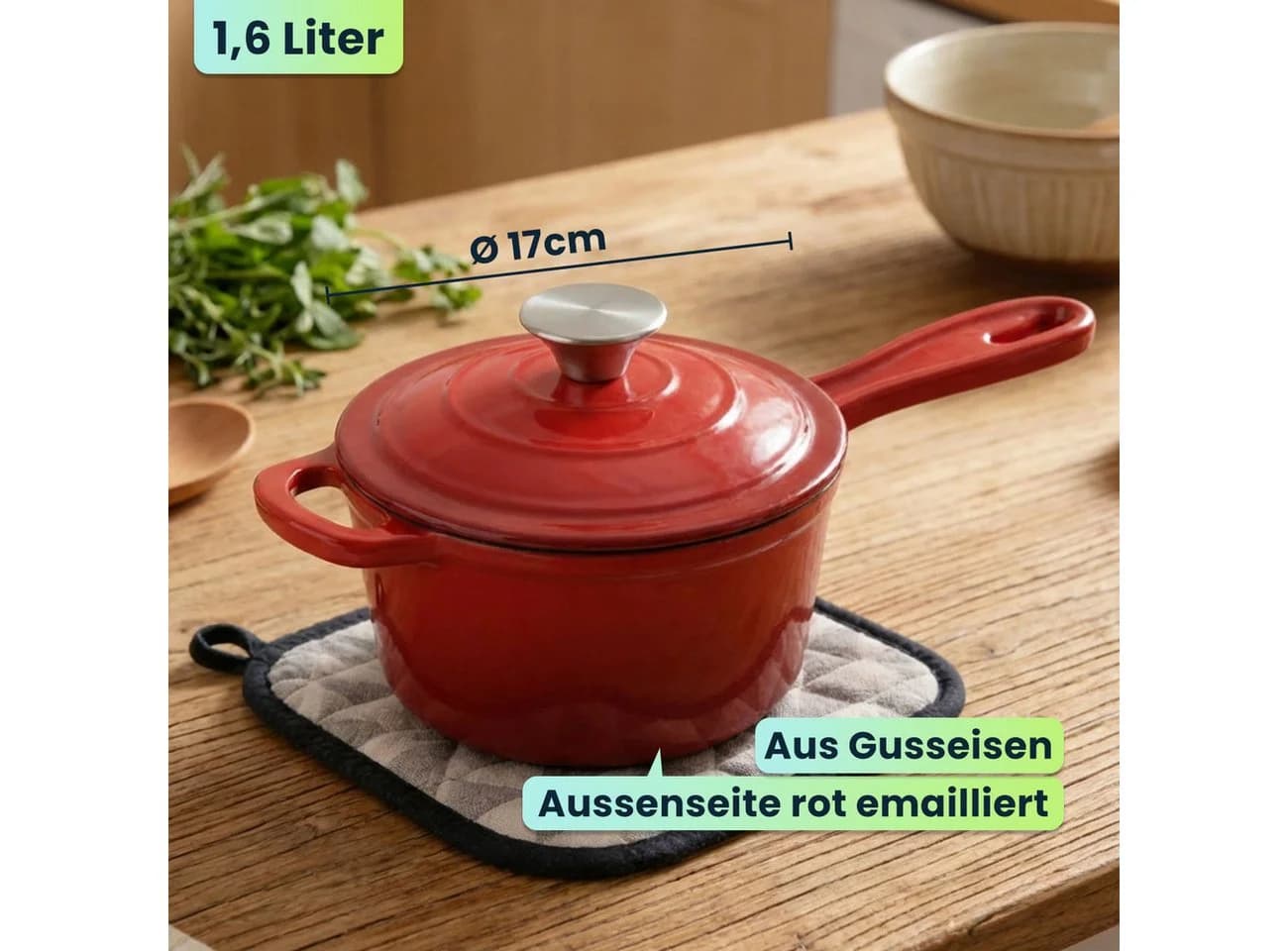 Casativo Gusseisen Stielkasserolle mit Deckel Rot Ø 17cm