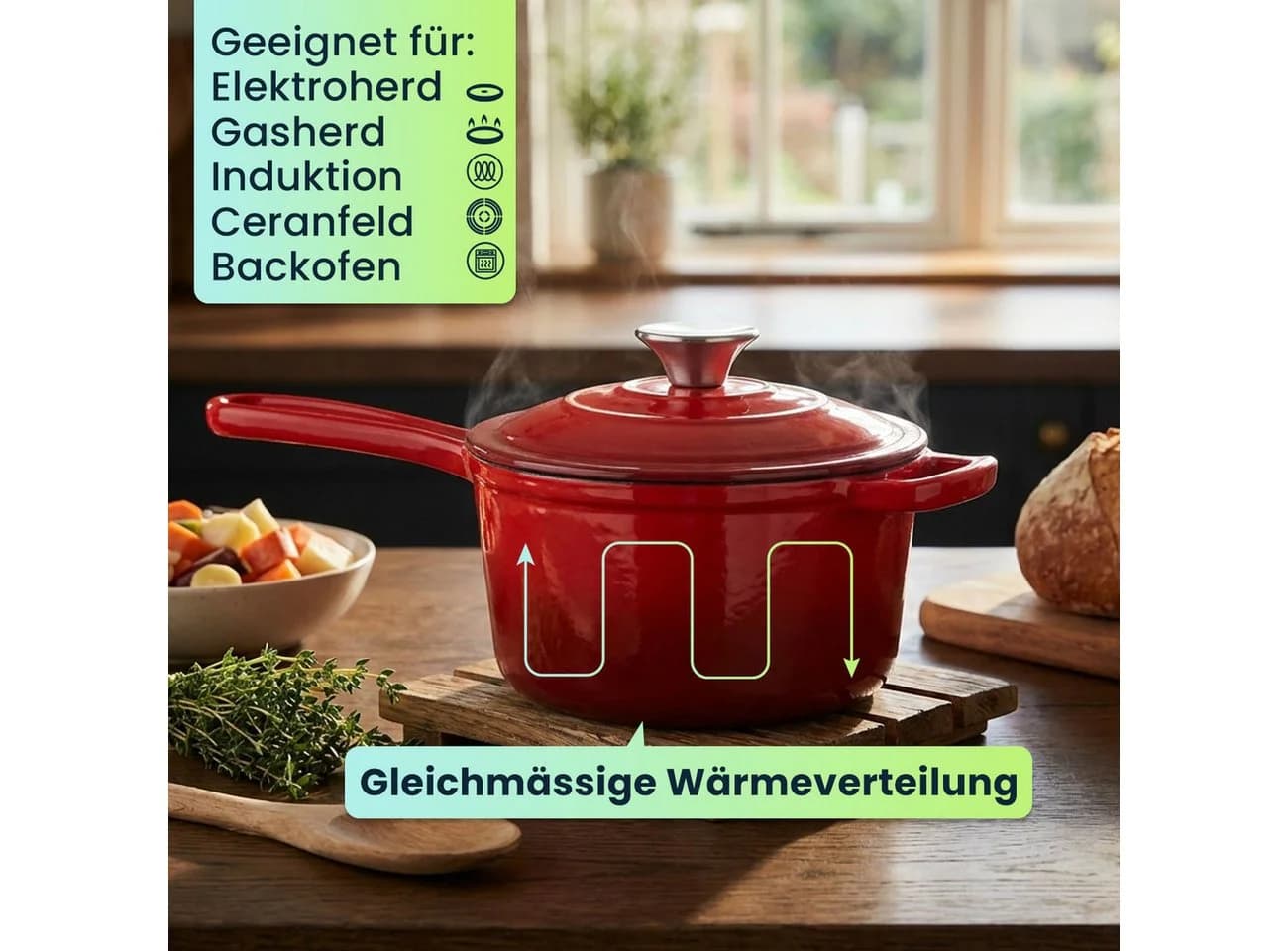 Casativo Gusseisen Stielkasserolle mit Deckel Rot Ø 17cm - Bild 3