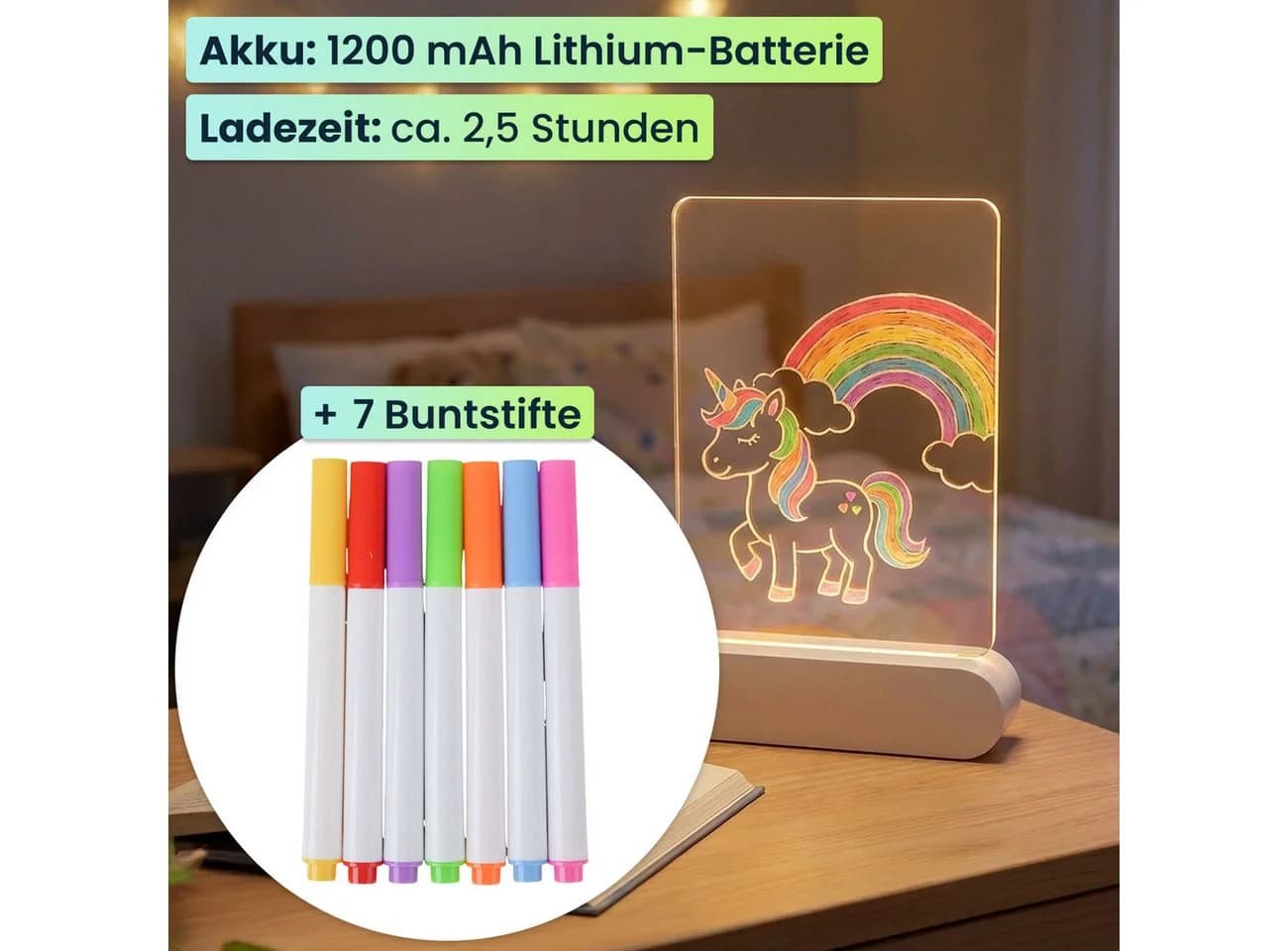shop'n smile ideoon LED Acryl Maltafel mit Akku & 7 Buntstifte - Bild 4