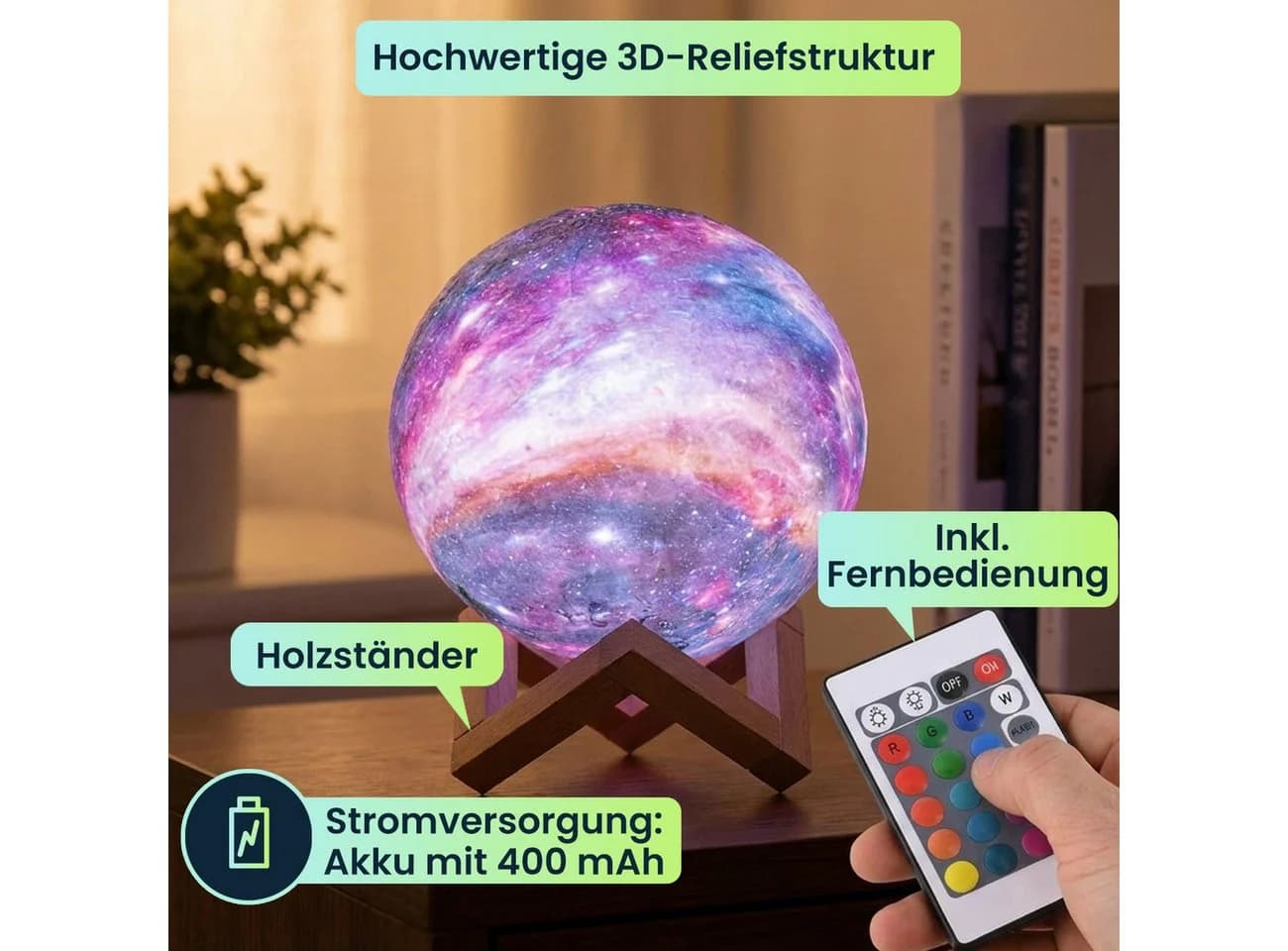 Casativo 3D Mondlampe 15cm Dimmbar mit Fernbedienung & Holzfuß, 16 Farben - Bild 3