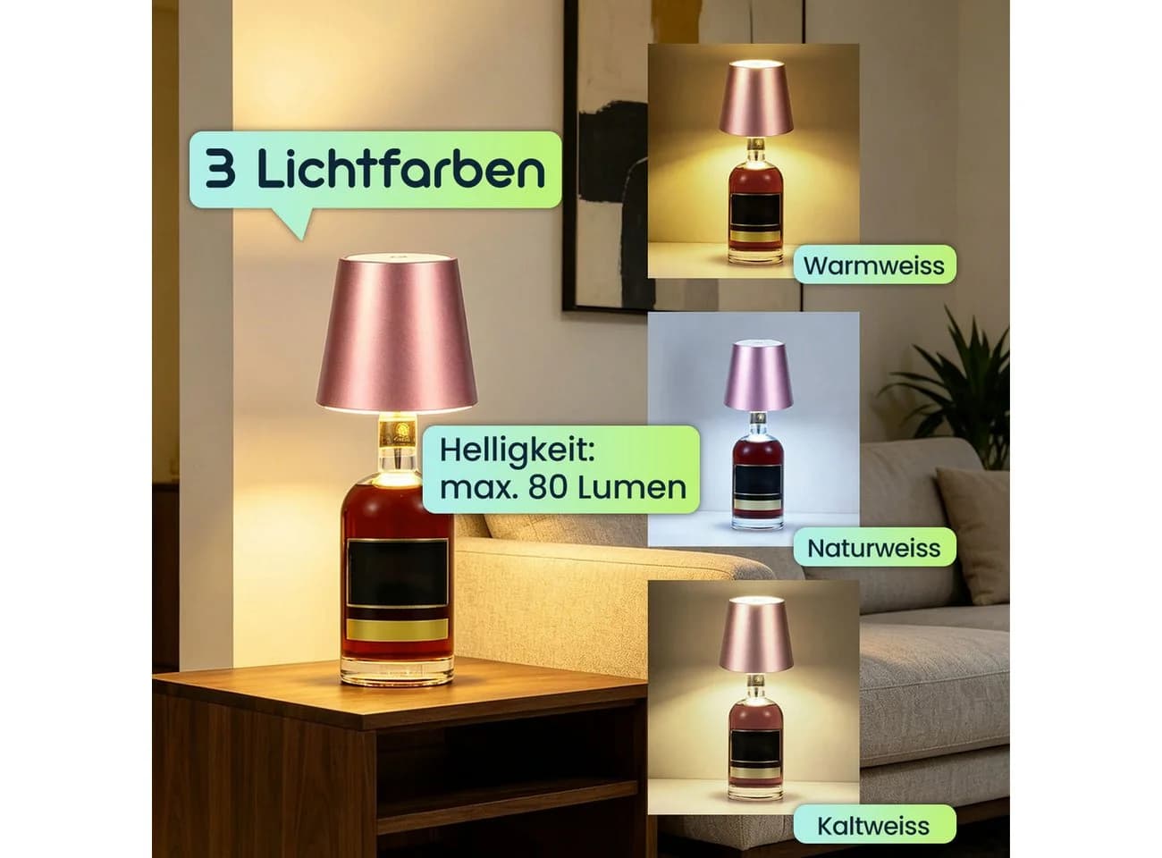 shop'n smile ideoon LED Tischleuchte Akku Flaschenlampe Rosegold Dimmbar - Bild 3
